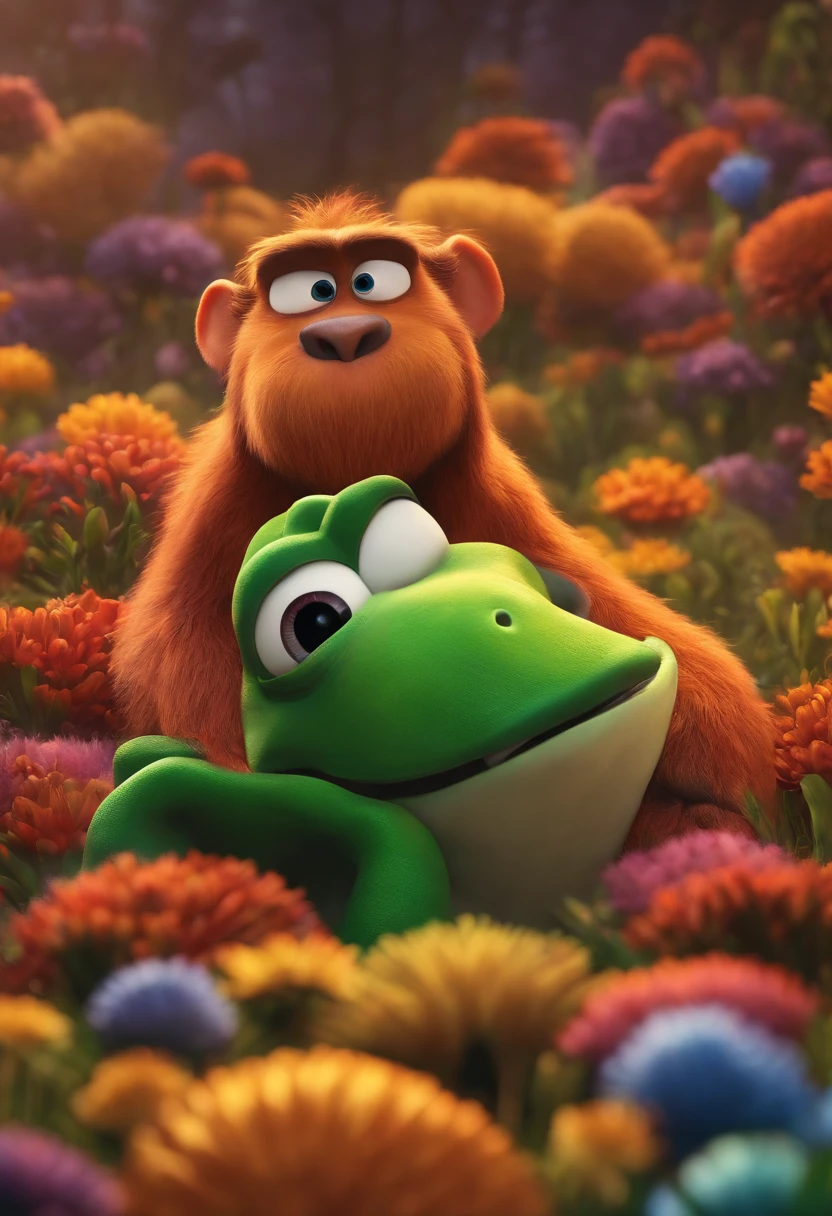 Desenho em estilo 3D da Pixar de uma empresa de ramo escolar em um campos e com um personagem em primeiro plano