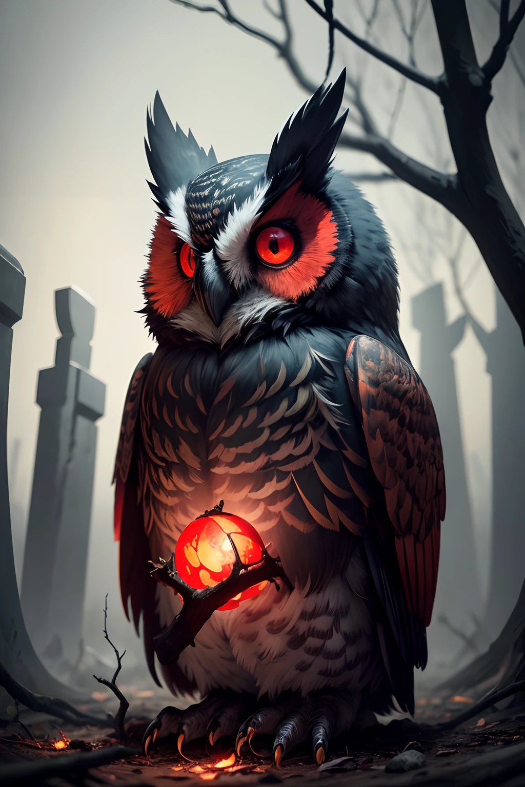 On an eerie night,Devilish owls,Sinister owls,Evil red eyes,Black as ink feathers,Glows an evil red light,The eyes glow an evil red,,The owl's eyes shimmered with an evil red light。enviroment,Dead leaves,Wilted leaves,Dead branches pierce the sky,The leaves withered,Dead branches pierce the sky,The trees are covered with dead leaves and branches,It seems to pierce the sky,,Abandoned tombstones are covered with moss,,Covered with moss and lichens,Mossy tombstones,Tombstones covered with moss and moss,,The ground was covered with a thick layer of dust,,Covered with a thick layer of dust,Dusty ground,The entire ground was covered with a thick layer of dust,
(Best quality,4K,8K,A high resolution,Masterpiece:1.2),Ultra-detailed,(Realistic,Photorealistic,photo-realistic:1.37),hdr,hyper HD,Studio lighting,Ultra-fine painting,Sharp focus,Physically-based rendering,Extreme detail description,professional,Vivid colors,Bokeh。,sportrait,Horror,Photography,Dark fantasy,low key lighting。 --auto