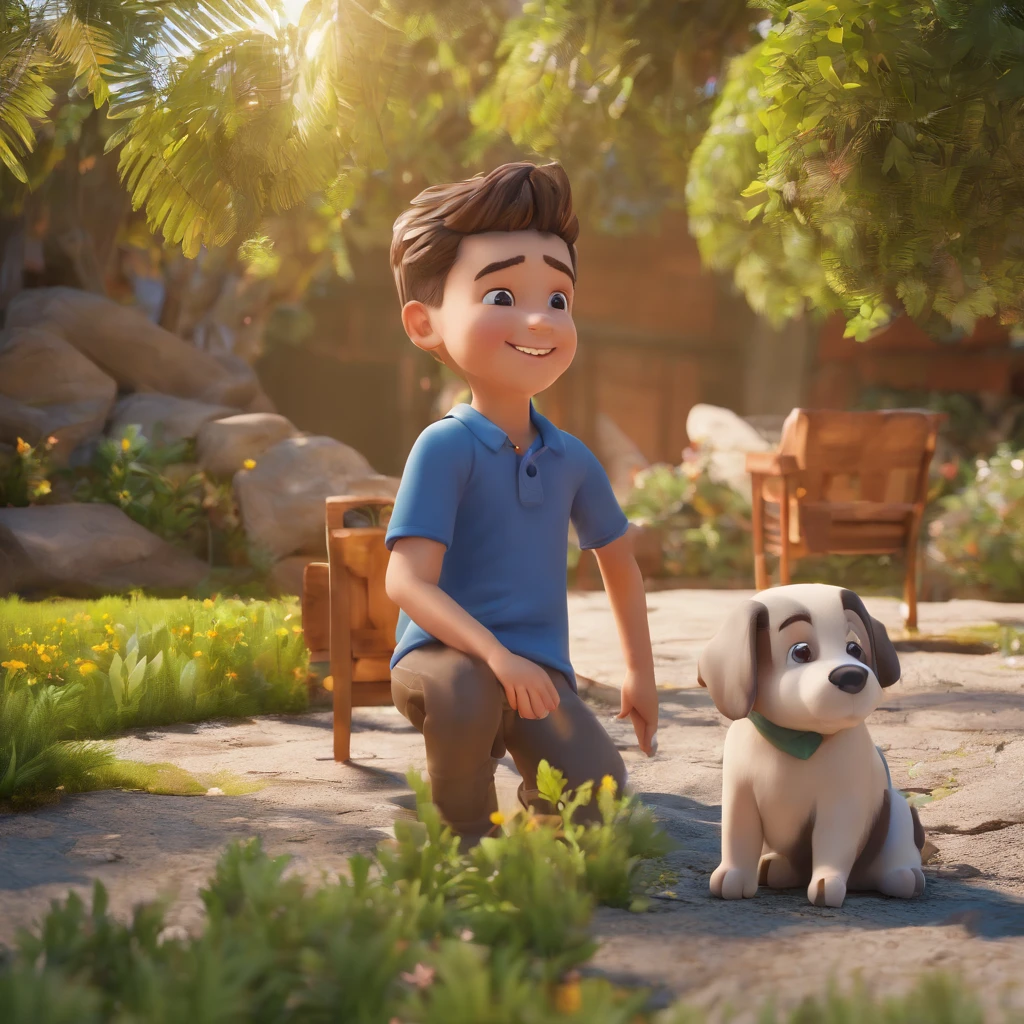 Lucas is a smiling 31-year-old human boy, com seu fiel amigo, Bolt, o cachorro shitzu, deitados no jardim