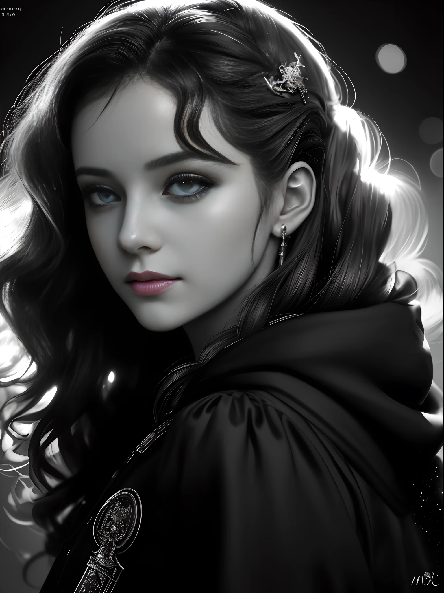 Russian Girl, Trends on ArtStation, Trends on CGSociety, Intricate, High Detail, Clear Focus, Dramatic, Realistic Art of Drawing, by Midjourney and Greg Rutkowski, ((Best Quality)), ((Masterpiece)), High Resolution, Original, Very Detailed Wallpaper, Very Delicate and Pretty, Illustration, Cinematic Light, Volumetric Light, Halo Effect, Light Particles, ((1girl)), beautifuldetailedeyes, longsleeves, hoodie, frills, noshadow, simplebackground, (((black background))), European, bright, (((1980s(style)))), cinema, silhouette, grayscale, monochrome, ((large wavy curls)), slit pupils, (((looking back))), cinematic angles, ((( (close-up))),(((portrait))), lens flare, seductive smile, tarot cards, medium hair