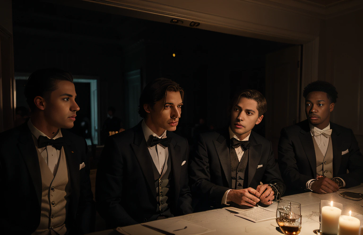For this chapter, you might consider an image of Benjamin Aiken and James Williams keeping an eye on a group of nobles, on the verge of an extravagant party. The scene is played with tons of darkness, representing the secrets and mystery that permeate the atmosphere. In the background, the men are talking about Captain David Brown and his possible links to Daniel Mitchell's murder. The surrounding party represents the glamor and luxury of London's high society, and its dark side that is about to be revealed. (Benjamin Aiken and James Williams) are at an extravagant party where there are secrets and mysteries, a (((dimly lit room))), and on the street there is darkness, in the background five men talking, the (party represents glamor and the luxury of London high society.