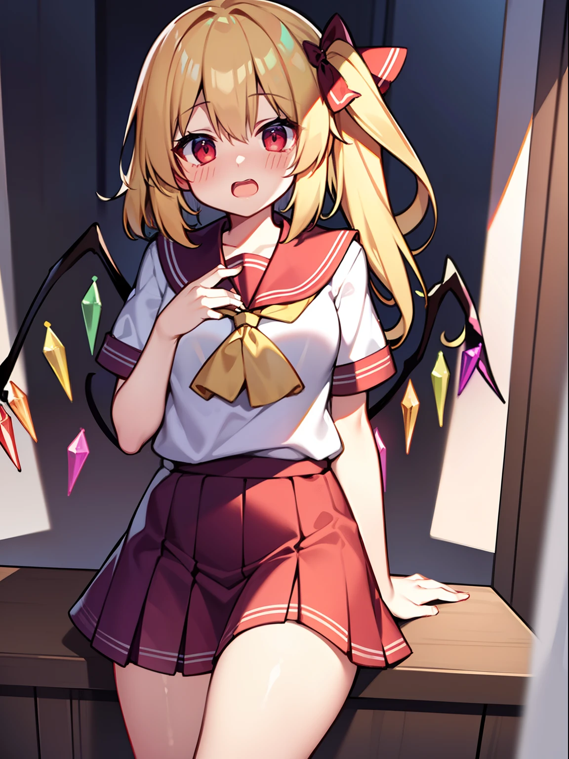 1girl,ankle_socks,arm_support,ascot,blonde_hair,blush,bobby_socks,closed_mouth,convenient_leg,couch,crystal,feet,hat,hat_ribbon,knees_up,long_hair,looking_at_viewer,mob_cap,no_shoes,one_side_up,puffy_short_sleeves,puffy_sleeves,red_eyes,red_skirt,red_vest,ribbon,shirt,short_sleeves,side_ponytail,sitting,skirt,skirt_set,socks,soles,solo,thighs,vest,white_headwear,white_legwear,white_shirt,wings,yellow_ascot,flandre_scarlet