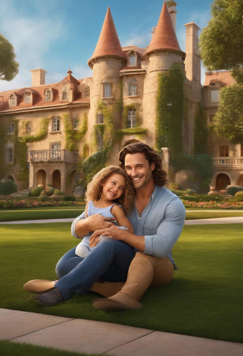 CRIE UM POSTER DE FILME ESTILO DISNEY/PIXAR, SHOWING A COUPLE WITH A 3-YEAR-OLD DAUGHTER ON THEIR LAPS IN FRONT OF A DISNEY-STYLE MANSION. O MARIDO TEM UM ROSTO REDONDO, PELE LATINA,  THE WIFE IS BLONDE WITH LONG HAIR, AND THE DAUGHTER IS SMILING WITH CURLY BROWN HAIR