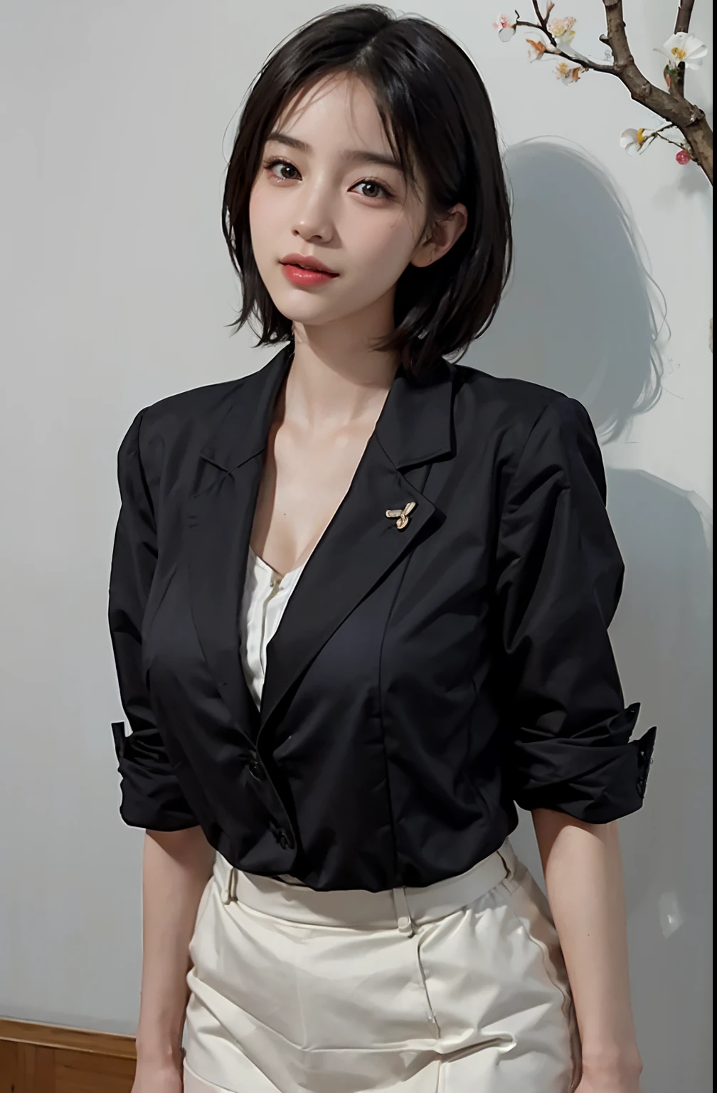 (A hyper-realistic), (illustratio), (hight resolution), (8K), (ighly detailed), (The best illustrations), (beatiful detailed eyes), (top-quality), (ultra-detailliert), (masterpiece), (wall-paper), (detailed face), droopy eyes,full of sweat, full body, long legs,Armpit,short-hair,inner colored,solo, big breast, cleavage, japanes, Colossal tits、A smile, wearing black blazer, short skirt, office uniform, office, 4 girls more
