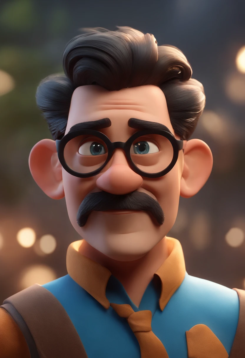 Cartoon character of a man wearing black glasses and a blue shirt, um personagem animado, Caractere estilizado, animation style rendering, 3D estilizado, Arnold Maya render, 3 d render stylized, toon render keyshot, Personagem 3D, Personagem 3D, 3d rendering stylized, 3 d character render, personagem de desenho animado, Personagem de close up, Pose de personagem, (Estilo Pixar) (master part:1.2) (Bokeh) (best quality) (pele detalhada) (textura detalhada) (8k) (argila) (Cinematic lighting) (foco nítido,Senta e vaza a parte superior do corpo