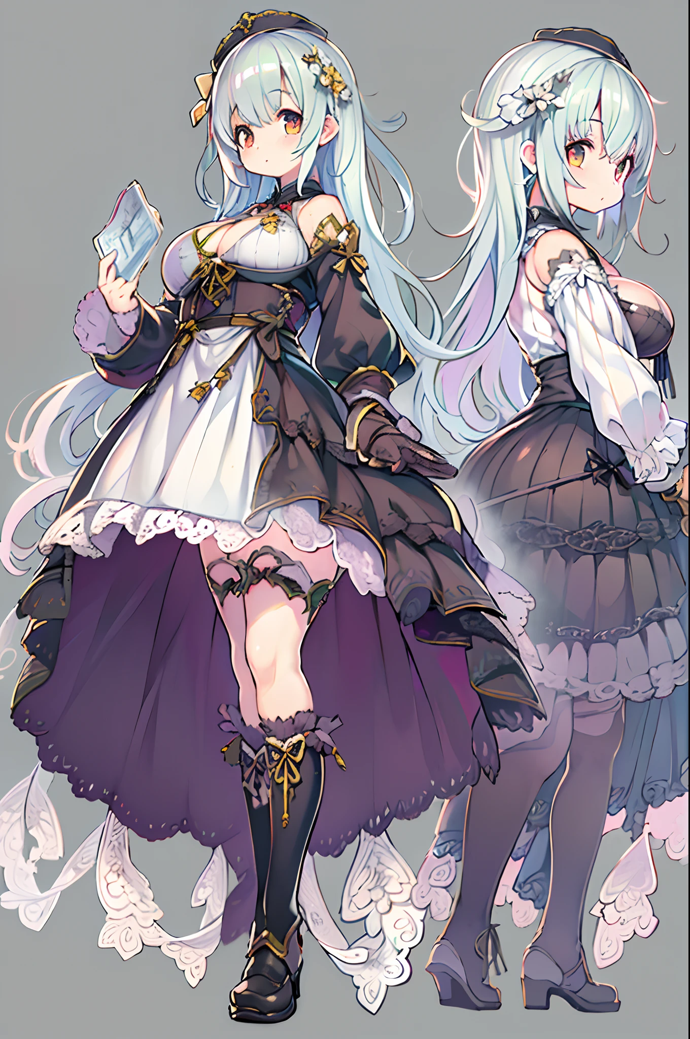 ((masutepiece)), (Highest Quality))), (, National Costume, Same character, front, Side, Back、stick out butt), Illustration, 1 girl, Full body, Silver hair, Eye hair, Beautiful eyes, Princess Cut, environment change scene, Short skirt, Shyness, Woman, girl, Standing, Gothic ta, v tuber, Charter Betarola, (Simple background, White background: 1.3) ( masutepiece:1.2), (Best Quality:1.3)、With your ass turned