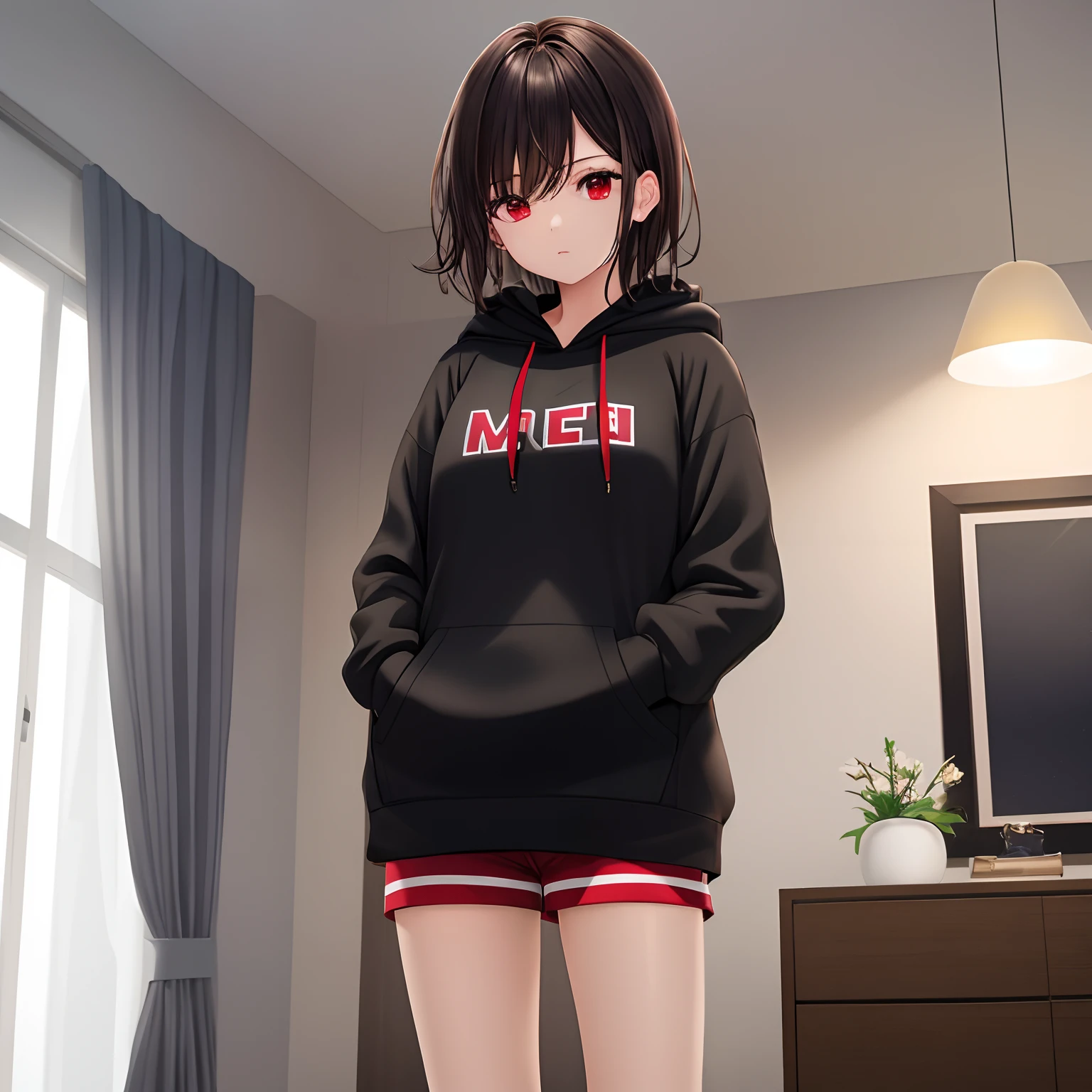 masterpiece, top-quality, ultra-detailliert, beautiful lighting, 1girl in, Indoors, short dark hair, red eyes, blank expression, (Black hoodie:1), shortpants, (Put your hands in your hoodie pockets:1), Look at viewers