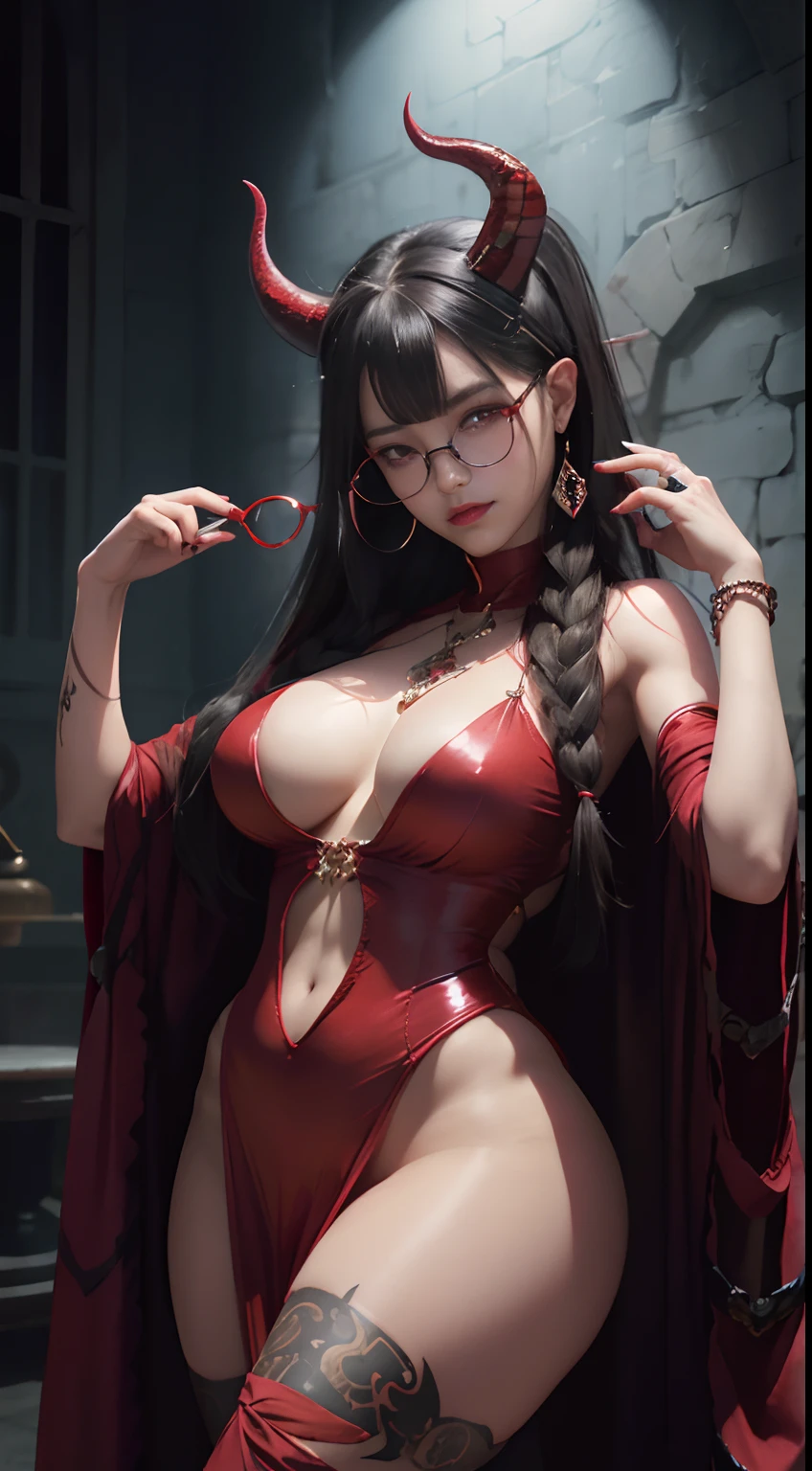 Fine、(The best illustrations)、8k UHD resolution、intricate-detail、top-quality、realisitic、ultra-detailliert、The best lighting、Best Shadows、Soft lighting、Ulutra HD、Ultra-realistic、Tindall Effect、Photorealsitic、(High Detail Skins:1.2)、 (Intricate details, makeup, pureerosface_v1:0.5), (Detailed beautiful delicate face, Detailed beautiful delicate eyes, A perfectly proportioned face, High detailed skin, Detailed skin, best ratio four finger and one thumb, arms below breasts, Tattoo with a red glow under the stomach、Awesome awesome, wide hips, smooth midriff, skiny and thin, __Fashion__, __hair__:1.25)、Digital SLR、 absurderes、1 beautiful devil woman from hell, surreal female portraits by David Hockney and Alphonse Mucha, Portrait of a seductive woman、Fantasy Art, Chinese Doll、Chinese actress、Dungeon、The dragon、Devil's Palace、Devil's Torture Chamber、natta、Dark style 、In the Dark、(Detailed spooky backgrounds:0.8), magia、 1人、Evil Nun、Dark Necromancer、Succubus、Devil's Daughter、Umi Shinonome、Bat Wings,(((Demon Horns)))、 ((((Huge glasses, Otaku Glasses, thick glasses, Round glasses)))),(((Colossal tits)))、(Devil's Tail)、(red eyes glowing:1.6)、red eyes make up very sharp and detailed, The eyes are very well made up, ((Red Eye:1.0)),intricate tattoos, demonic intricate tattoos, thigh tattoos, body tattoos, masterpiece、The most beautiful face、a baby face、Charming smile、plump beautiful red lips、Muscular seductive body、The enchanting body of the devil、devil style、Seductive Black Magic Costume、(((A shiny red snake is wrapped around her body)))、Longhaire、Braids、Black hair、Ponytail distortion、, Ponytail with a bow tied at the back of the hair, Beautiful expression、Body Up、Large breasts emphasis、Bust, Super tight breasts, Breast augmentation surgery, The breasts are very big and round and round,Toned waist、Wide buttocks、 lowkey, cowboy lens, (red phoenix dress: 1.0), devil crown, Red sparkling gemstone necklace、Jewelry Gwise, wearing black mesh socks,wearing a thin red and black