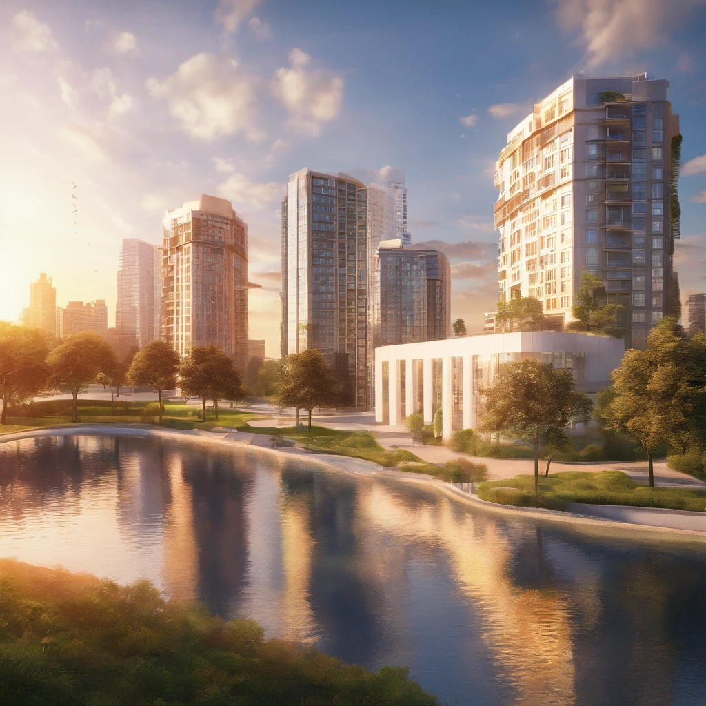 "Take a photo of a new party White 4 doors by the pond with tall buildings on the other bank and sun setting behind the buildings"