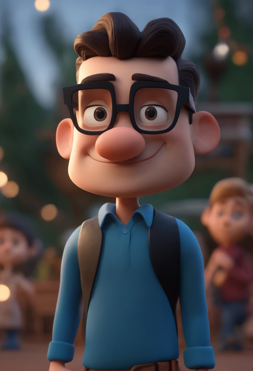 Cartoon character of a man with black glasses and a blue shirt, animation character, Caractere estilizado, animation style rendering, 3D estilizado, Arnold Maya render, 3 d render stylized, toon render keyshot, Personagem 3D, Personagem 3D, 3d rendering stylized, 3 d character render, personagem de desenho animado, Personagem de close up, Pose de personagem,  (Estilo Pixar) (master part:1.2) (Bokeh) (best quality) (pele detalhada) (textura detalhada) (8k) (argila) (Cinematic lighting) (foco nítido