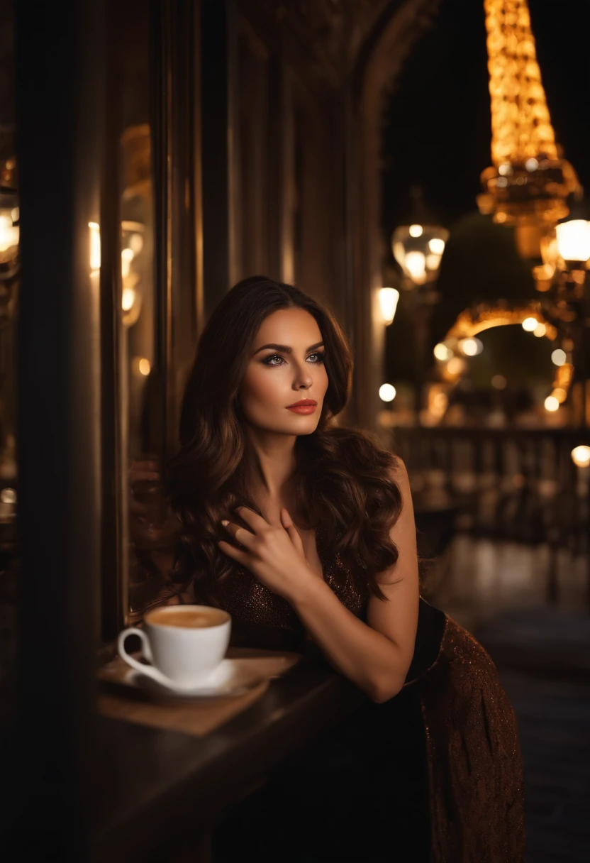 femme pleinement , brune, ultra realist, regarde la camera, Meticulously detailed, cheveux bruns, selfie of a young woman, maquillage naturel, Superbe corps complet, dans la rue, la nuit, costume, exterieur, veste costume, TERASSE of a coffee, le soir, at the Eiffel Tower,