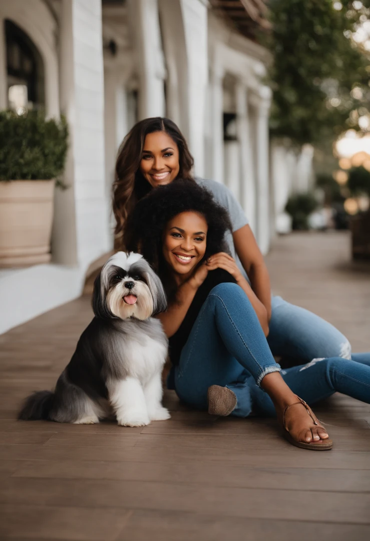 Pixar. Casal com um filhote de cachorro shih-tzu pret. A menina tem os cabelos afro solto, Camiseta cinza e jeans claro. O menino de cabelos pretos bem baixo , barba mediana, Dark blue jeans and gray t-shirt. They are both smiling and are 30 years old