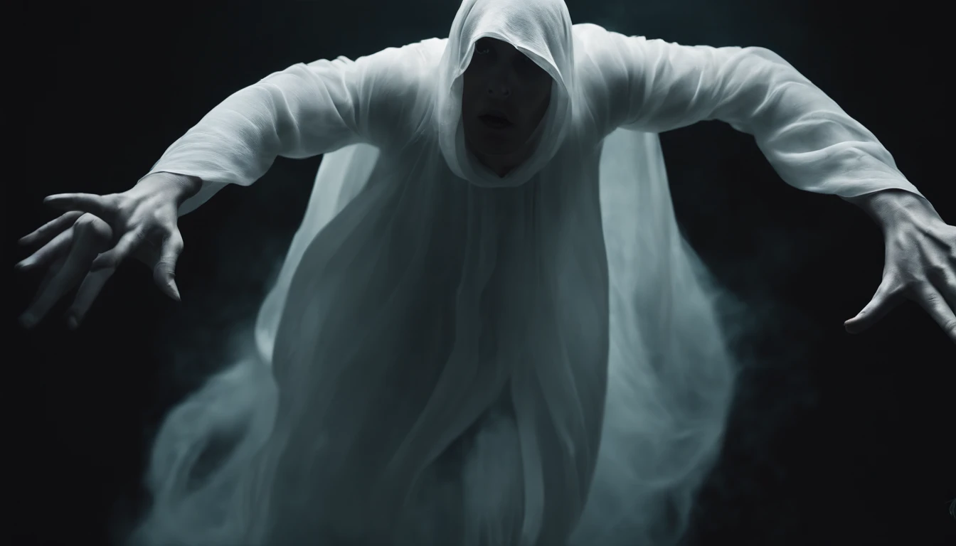 a white ghost with 4 hands, the hands are coming towards the front, the body is floating, the eyes are big and black, the mouth is open wide