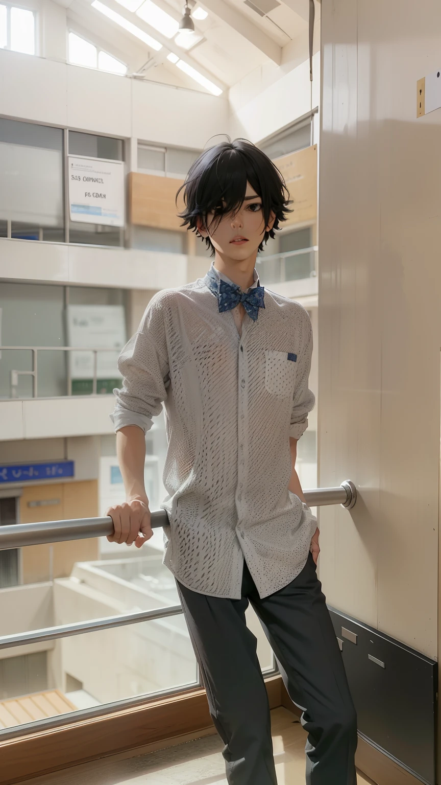 masterpiece, best quality, high quality, 1boy, solo, male focus, looking at viewer, upper body, miyamura, black hair, hair between eyes, blue eyes, short hair, bangs