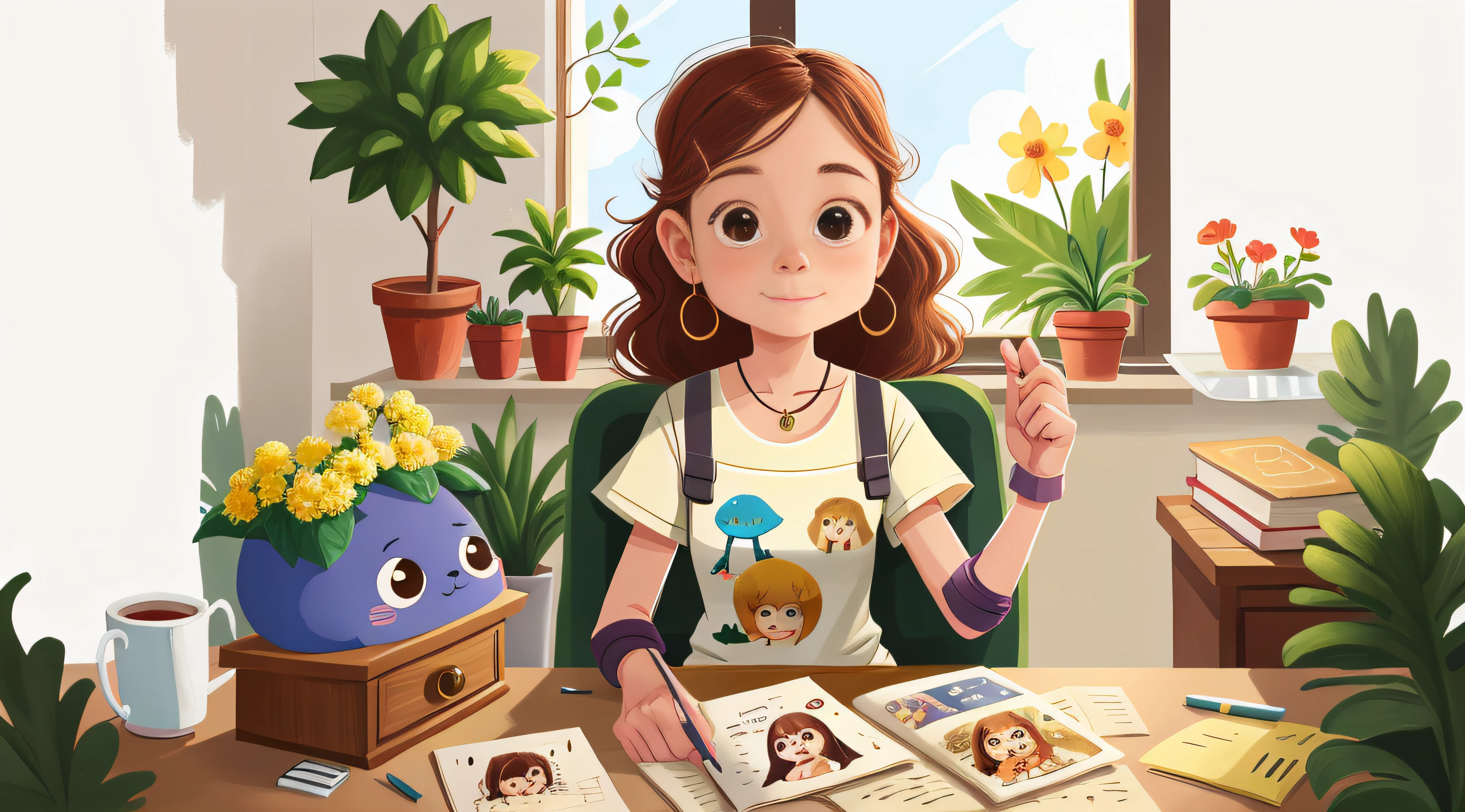 Draw Liz's Grandmother (de 80 anos), with user-friendly features, olhando com carinho para Liz (menina de 11 anos), That looks nice. The atmosphere is cozy and bright.