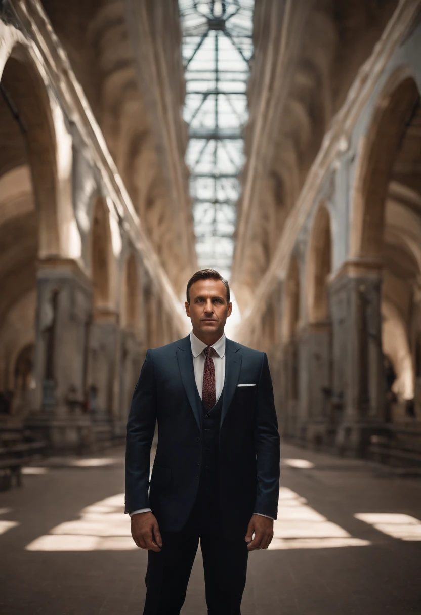 40-year-old man in suit and tie, Body and head straight in the photo, DSRL, Facing the viewer of the photo, Eyes fixed on the lens, You will see the shoulders and head in the photo, Man in the center of the photo, 8K, Best Quality, Master Parts, Realistic, photos realistic, Video Photos, A hyper-realistic, 1 persons, detailliert, Perfect Lighting, DSRL, professional photograpy, 4K