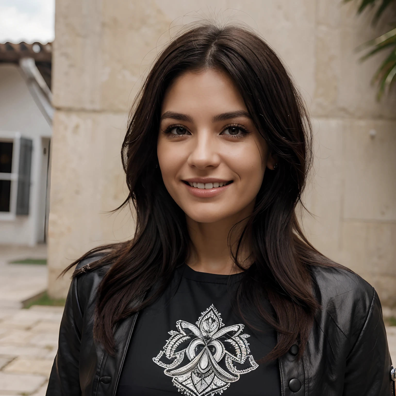 30-year-old woman, blanca cono la nieve, cabello largo color negro, con rasgos de rockera, small wrinkles, con una sonrisa, un piercing en la nariz