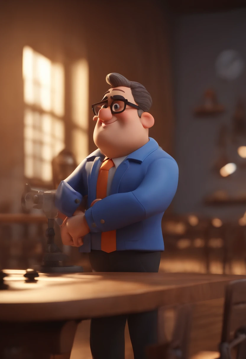 Cartoon character of a man wearing black glasses and a blue shirt, um personagem animado, Caractere estilizado, animation style rendering, 3D estilizado, Arnold Maya render, 3 d render stylized, toon render keyshot, Personagem 3D, Personagem 3D, 3d rendering stylized, 3 d character render, personagem de desenho animado, Personagem de close up, Pose de personagem, (Estilo Pixar) (master part:1.2) (Bokeh) (best quality) (pele detalhada) (textura detalhada) (8k) (argila) (Cinematic lighting) (foco nítido,Senta e vaza a parte superior do corpo