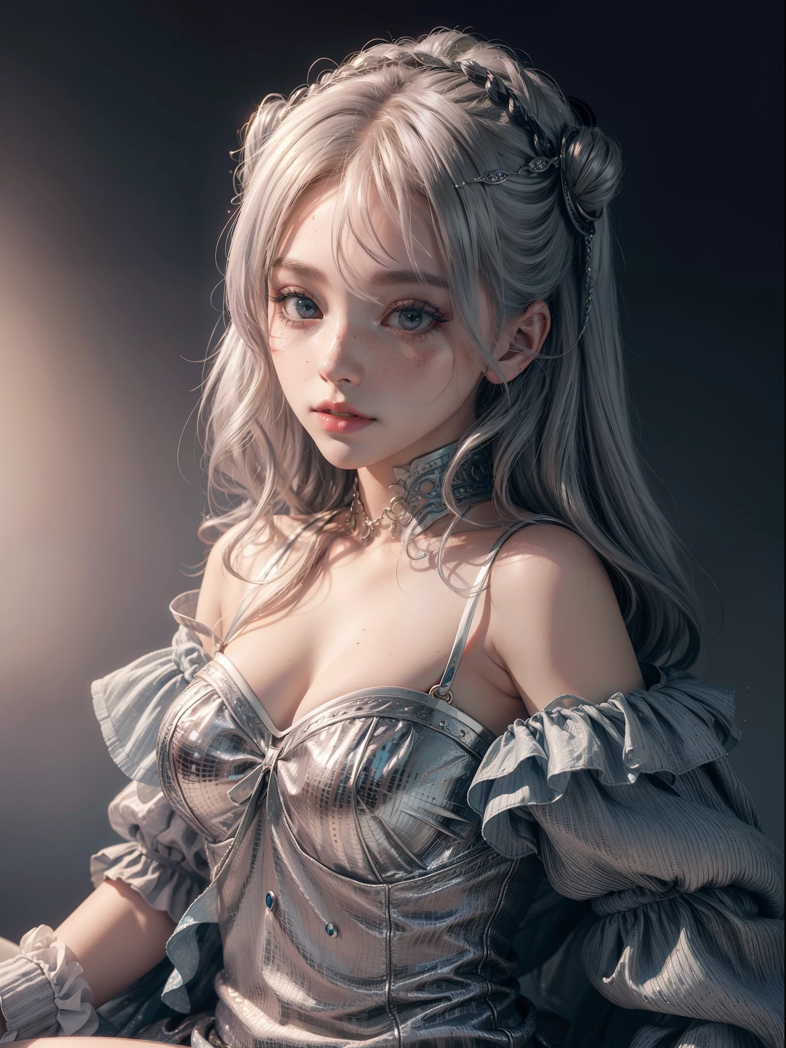 beautiful a girl(Solo)、Photo、Fantastical、(Loretta Luxe:1.3)、PastelColors:0.6、hitornfreckles、surrealism:1.4、highcontrast、ultra-detailliert、8K、Surreal hairstyle(white gold)、Poses、