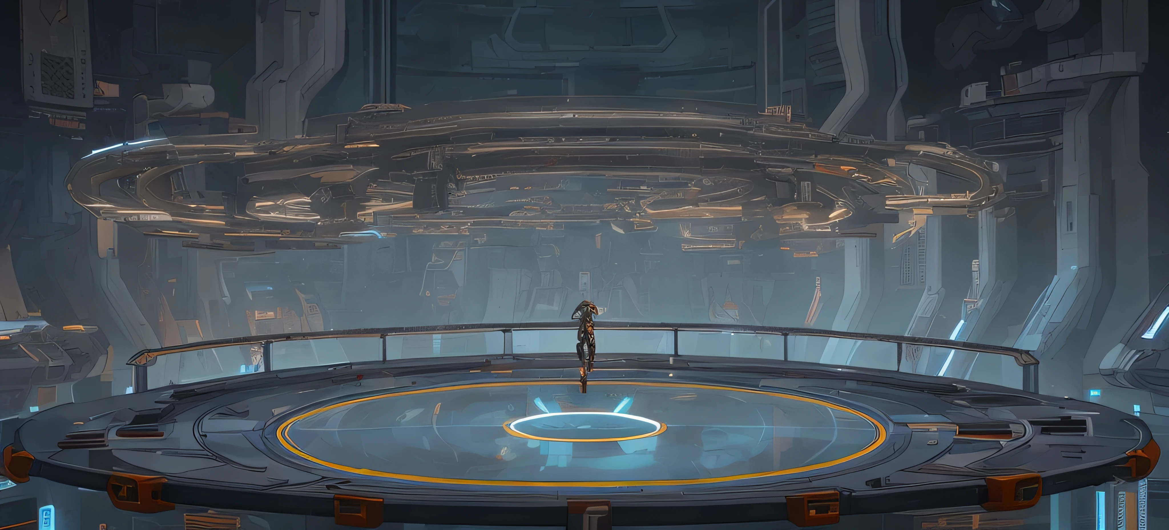 There is a large circular room with lots of lights, Futuristic cloning facility, hangar de naves espaciais, fundo da arena, stunning arcanum backdrop, futuristic production facility, Clone Lab, em uma arena futurista, Standing in a Starbase bar, LEDS Horizon Zero Dawn Machine, background space station, Opening Science Test Chamber, fundo escuro do hangar, futuristic lab, matriz halo