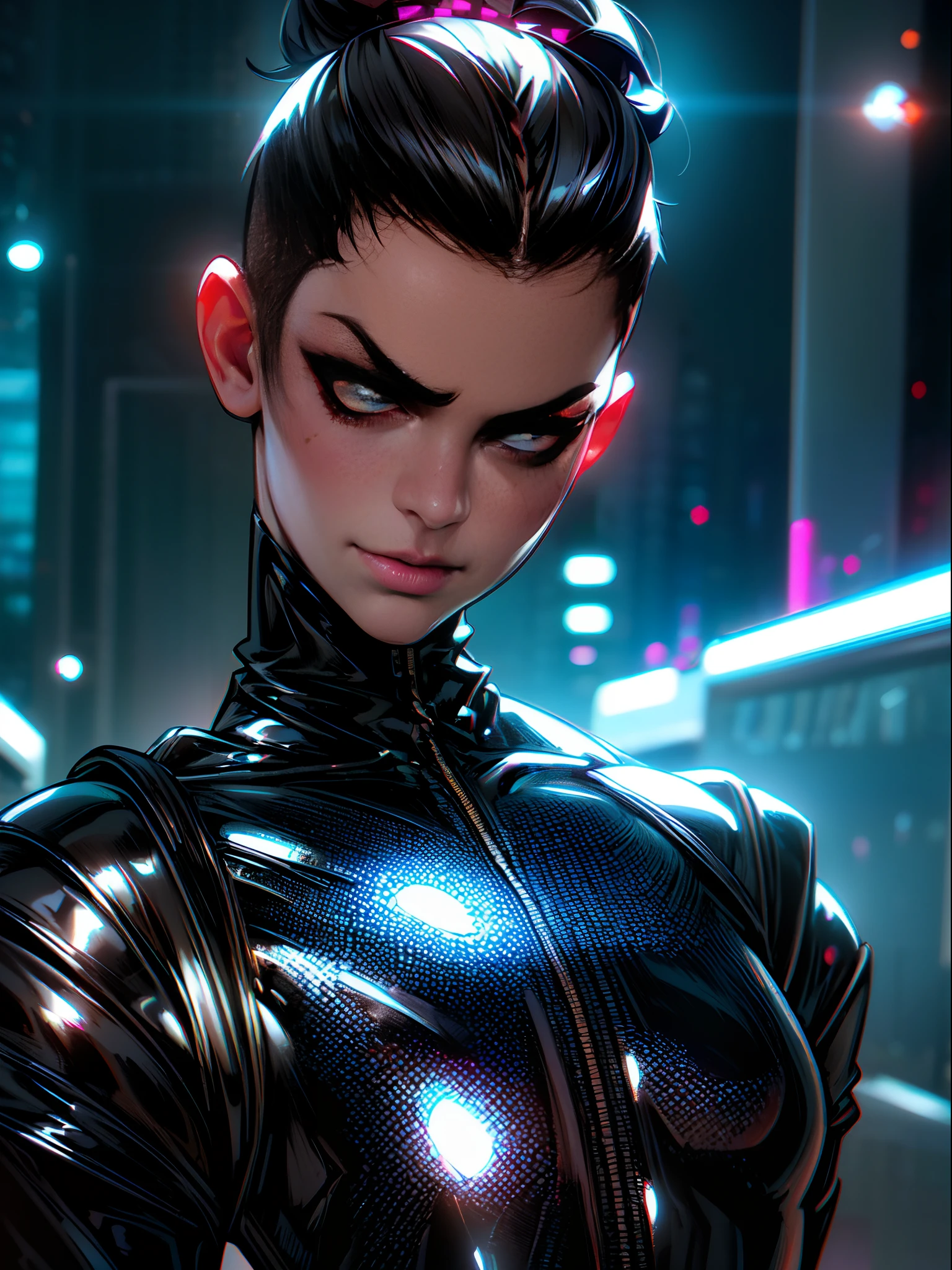 Negasonic Teenage Warhead,comic book style,explosive powers,confident attitude,futuristic outfit,[vibrant colors],beautiful detailed eyes,playful smirk,punk hairstyle,superhero pose,dark and moody lighting. (best quality,4k,highres:1.1),ultra-detailed, [comic book art],intense action,urban background.