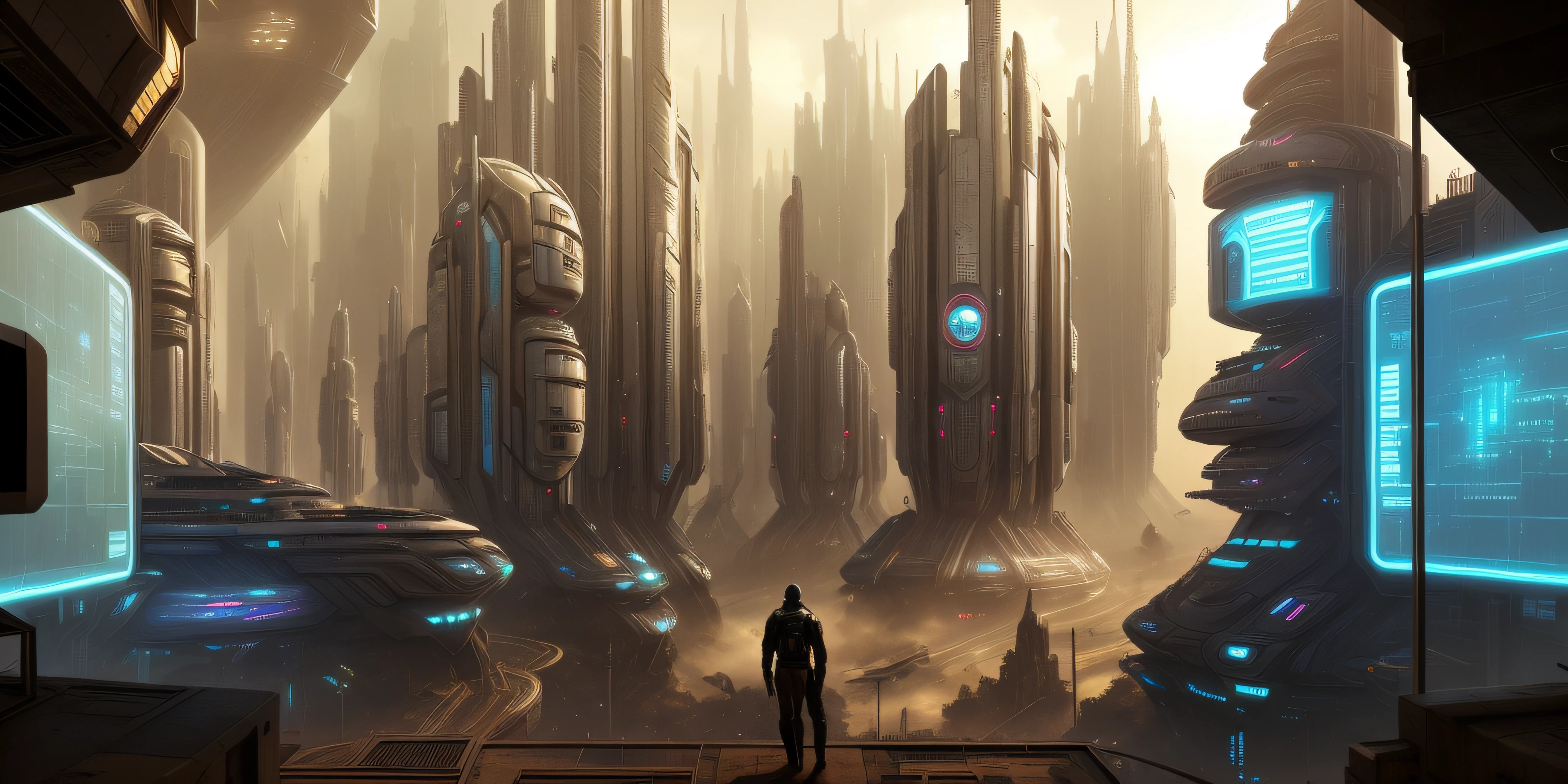 cidade futurista com um homem no meio dela, outra palavra futurista cidade, Em Fantasy Sci - Cidade de Fi:, Arte conceitual do futuro, futuristic dystopian city, science fiction city, futuristic cyberpunk scenario, Sci - Cidade de Fi, Cidade futurista escura, futuristic metropolis, Pintura Digital Sci-Fi, science fiction concept art, em uma cidade do futuro, em uma cidade cyberpunk futurista