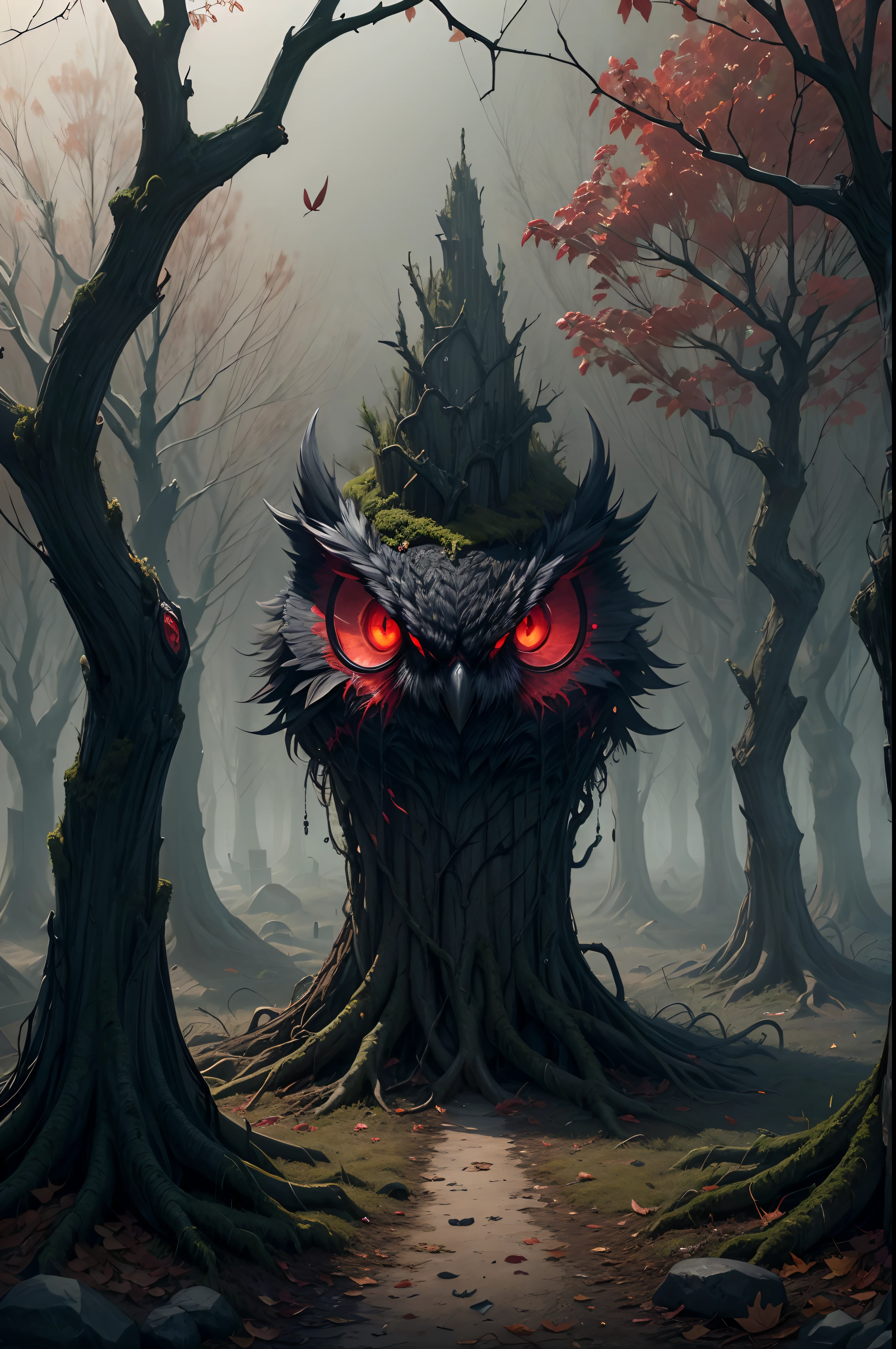 On an eerie night,Devilish owls,Sinister owls,Evil red eyes,Black as ink feathers,Glows an evil red light,The eyes glow an evil red,,The owl's eyes shimmered with an evil red light。enviroment,Dead leaves,Wilted leaves,Dead branches pierce the sky,The leaves withered,Dead branches pierce the sky,The trees are covered with dead leaves and branches,It seems to pierce the sky,,Abandoned tombstones are covered with moss,,Covered with moss and lichens,Mossy tombstones,Tombstones covered with moss and moss,,The ground was covered with a thick layer of dust,,Covered with a thick layer of dust,Dusty ground,The entire ground was covered with a thick layer of dust,
(Best quality,4K,8K,A high resolution,Masterpiece:1.2),Ultra-detailed,(Realistic,Photorealistic,photo-realistic:1.37),hdr,hyper HD,Studio lighting,Ultra-fine painting,Sharp focus,Physically-based rendering,Extreme detail description,professional,Vivid colors,Bokeh。,sportrait,Horror,Photography,Dark fantasy,low key lighting。
