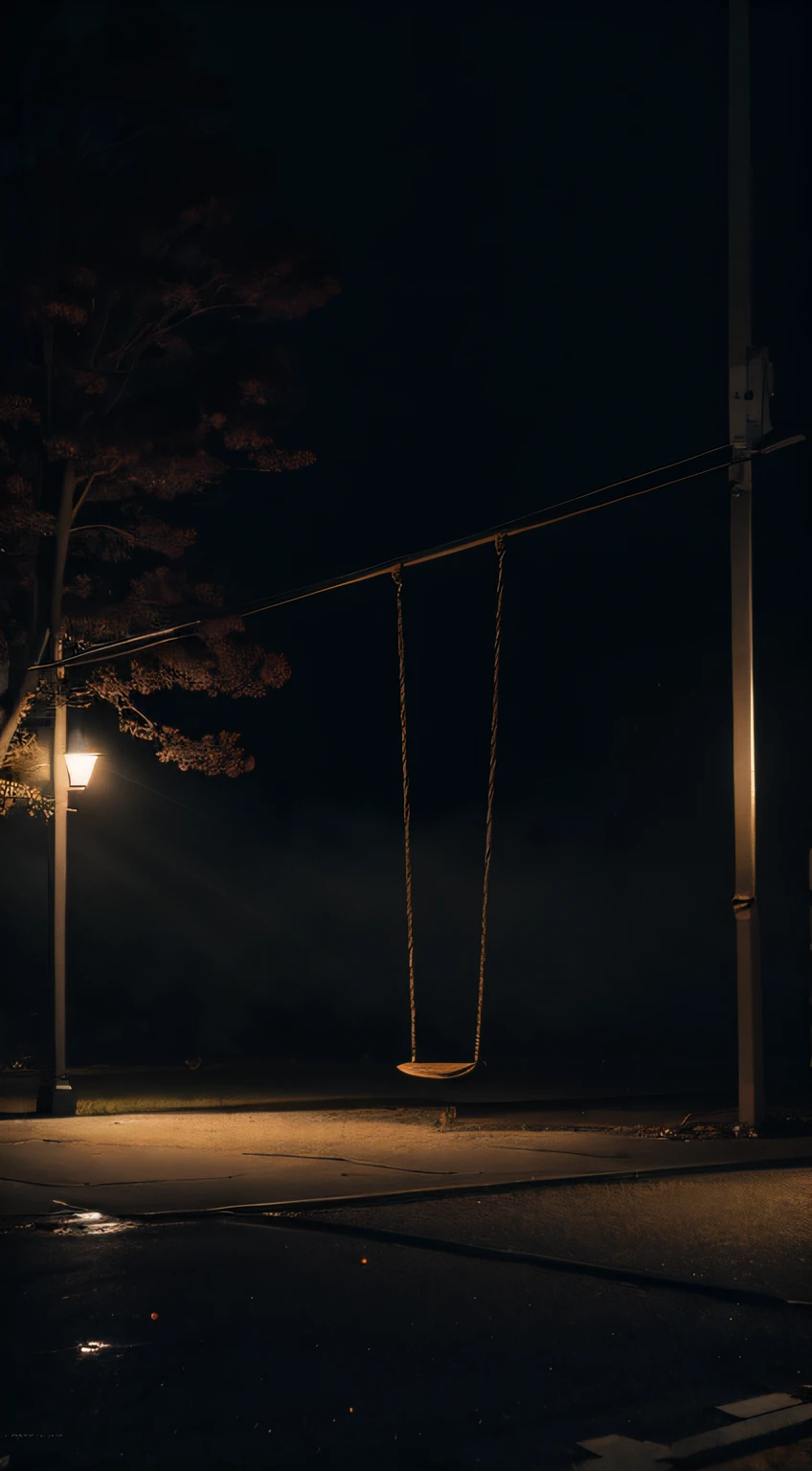 broken swing、night、
foggy、
creepy park