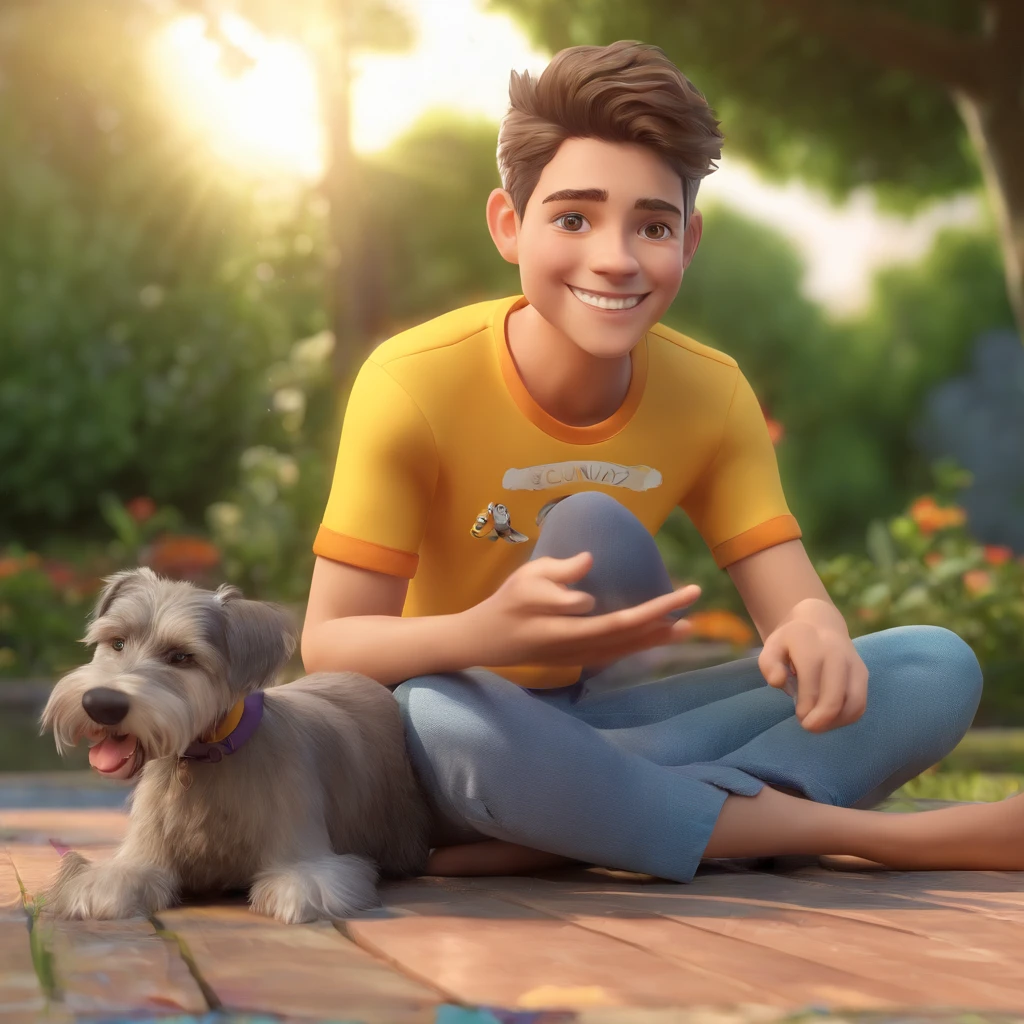 Lucas is a smiling 15-year-old human boy, com seu fiel amigo, Bolt, o cachorro schnauzer, deitados no jardim
