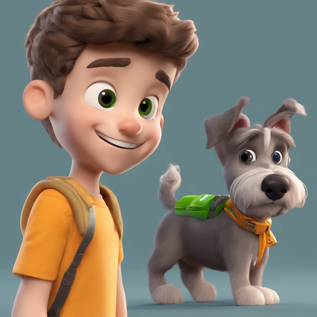 Lucas is a smiling 15-year-old human boy, com seu fiel amigo, Bolt, o cachorro schnauzer, deitados no jardim