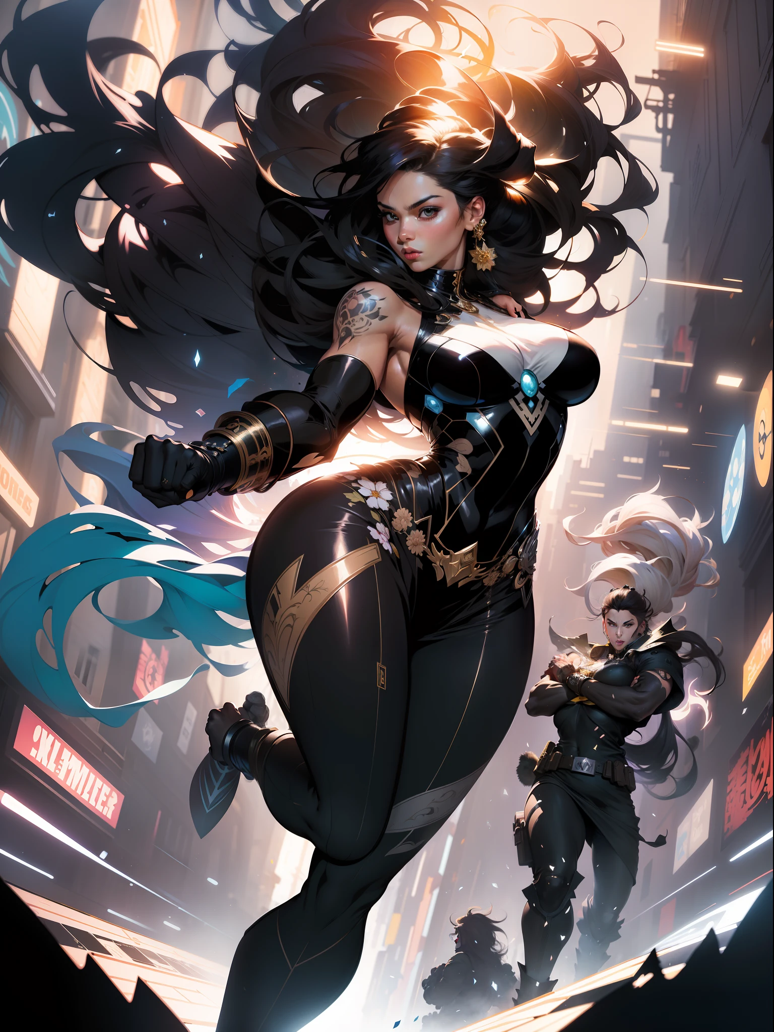 ::Kennedy and Daniel Sampere::2.0 Anime Gacha illustration style, tatoon style, comic book style, , beautiful woman with ultra detailed long hair and in various full-body attack poses, (beautiful and clear background: 1.2),futuristic costume, super detailed circular metals Clinging to the arms and pants, fantastic paintings, graffiti style, flowers, highly detailed eyes, a t-shirt or dress with a white blouse underneath, With both fists in fighting position, and bracelets, fighting an enemy, with long black hair, stained glass, outside, vibrant, Alphonse Mucha style, fantastic paintings by Joe Madureira, high quality, art, beautiful woman with long black hair, freedom, soul, digital illustration, comic style, perfect anatomy, centered, approaching perfection, dynamic, highly detailed, HDR colors