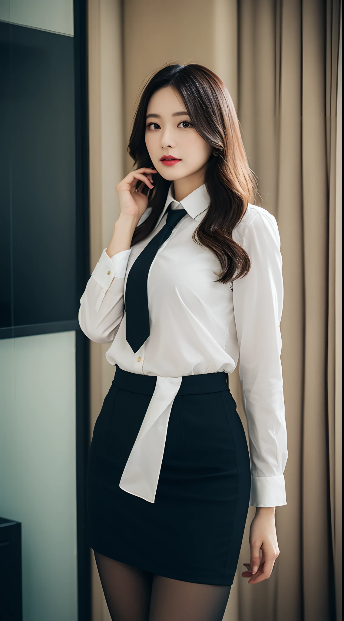 Classy upper-class elite secretary in business shirt, working in an office、Wearing a strict business suit, Wearing pantyhose、Wear high-end high heels、 Girl in a shirt, Wearing a business suit, Wearing a business suit, in a business suit, businesswoman, business clothes, wearing black business suit, Wear shirts and skirts, Woman in business suit, Business attire, business outfit, Raw photo, (8K、top-quality、​masterpiece:1.2)、(intricate detailes:1.4)、(Photorealsitic:1.4)、octane renderings、Complex 3D rendering ultra detail, Studio Soft Light, Rim Lights, vibrant detail, super detailing, realistic skin textures, Detail Face, Beautiful detail eyes, Very detailed CG Unity 16k wallpaper, make - up, (detailedbackground:1.2), Exposed thighs!!!,