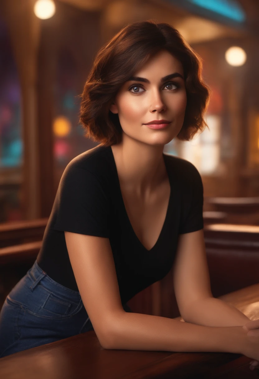 filme Marketing 2023 estilo filmes Pixar, Com nome "N - Marketing", poster, With short, lighter brunette hair and a black t-shirt in front of her crossed arms.