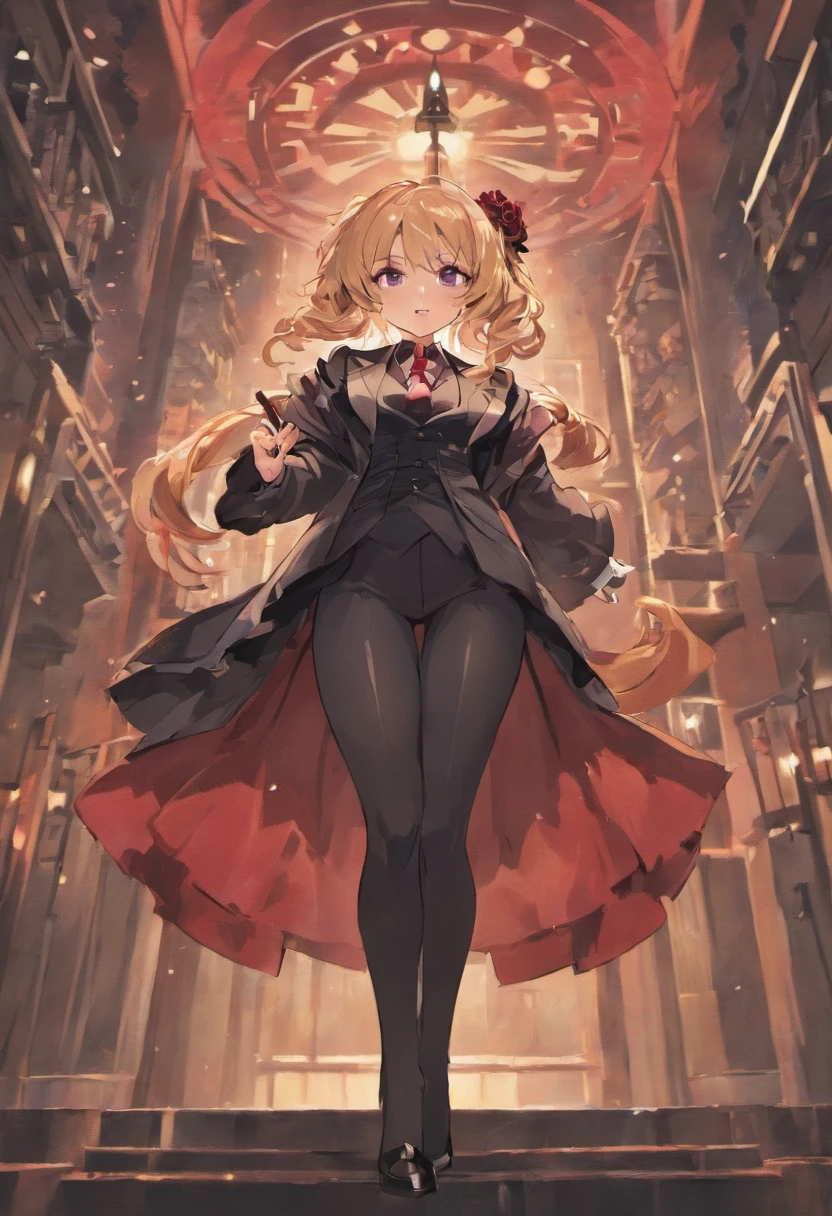 * fuji kiseki \(umamusume\) * ear piercing, ear ornament, black necktie, long sleeves, cleavage, black gloves, no bra, white shirt, collared shirt, center opening, open clothes, center frills, frilled shirt, half gloves, open jacket, black jacket, underbust, brown belt, chain, black pants, black footwear, high heels
* (optional) necktie between breasts, holding cane, dove, red rose