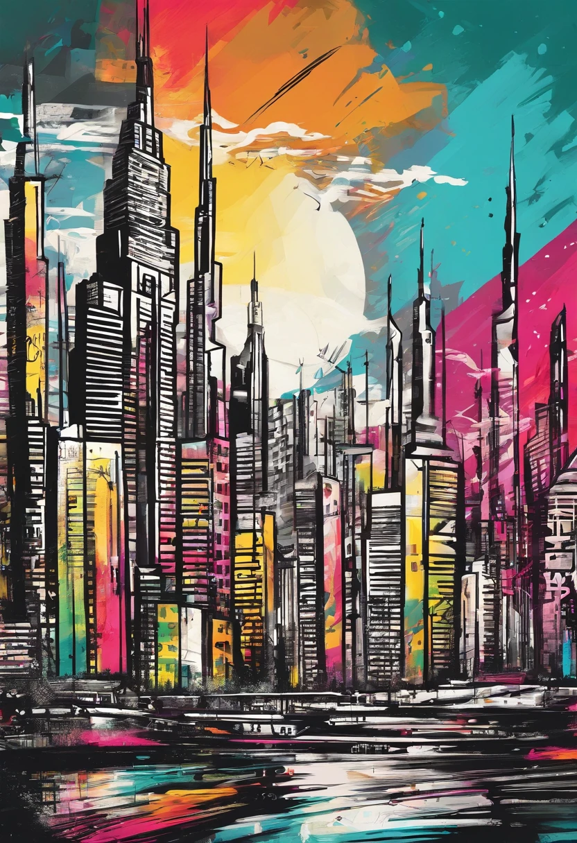 Loose pen and ink sketch, colorful, high resolution, high contrast Dubai City Skyline