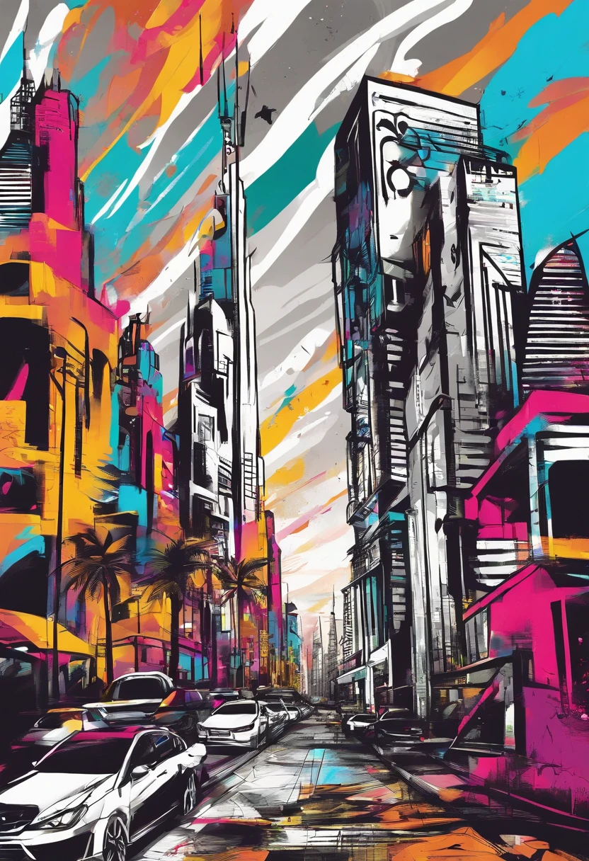 Loose pen and ink sketch, colorful, high resolution, high contrast Dubai City Skyline