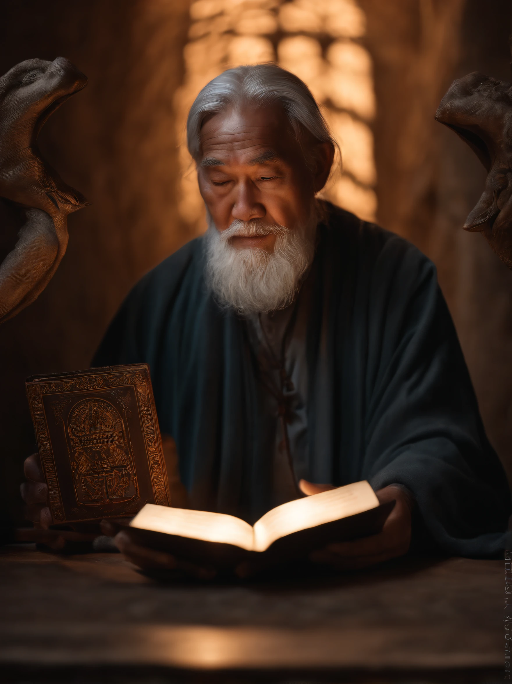 (Biblical times) On the left is an old man,Asian people,Holding a glowing book in his hand, To the right of the image is a terrifying demon (Biblical times) depth of fields, Bokeh, hentail realism, Fotorrealista, ultra-realistic realism, professional photoshooting, 8K UHD , Digital SLR, hdr , Primary tablet, best qualityer, Granular film, photorealistic paintings, Fujifilm XT3