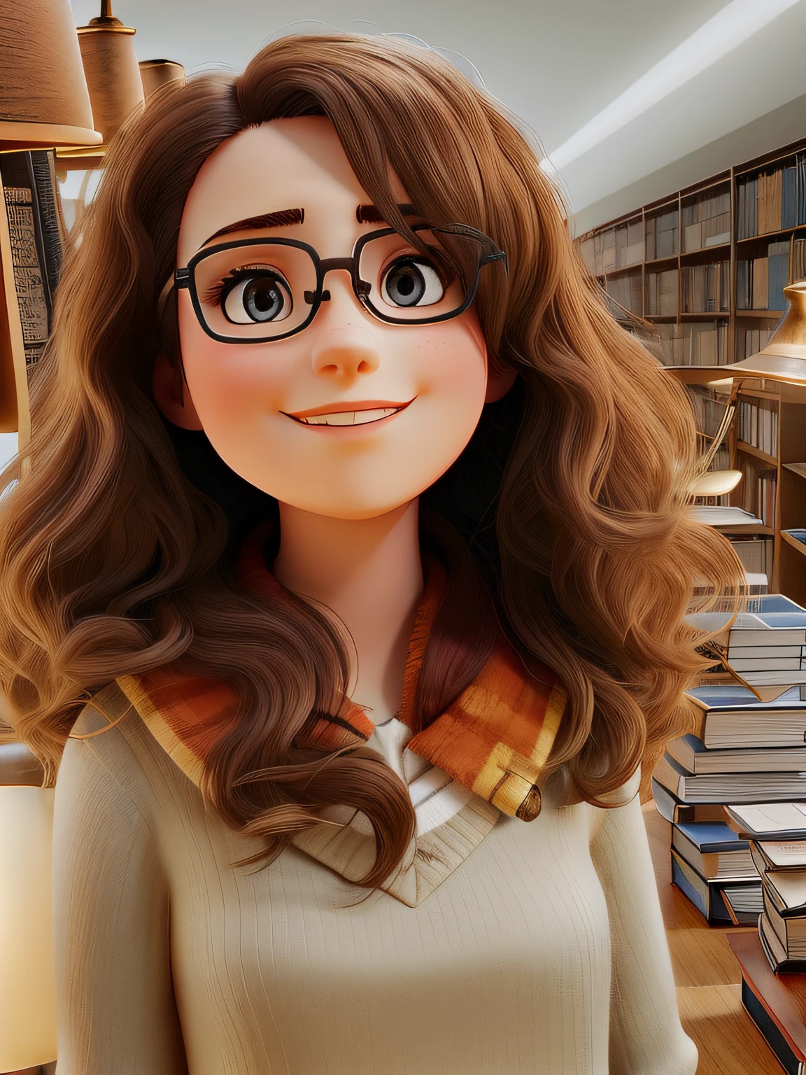 A woman is 29 year standing in front, illuminated by the light of a lamp, against the backdrop of a library
