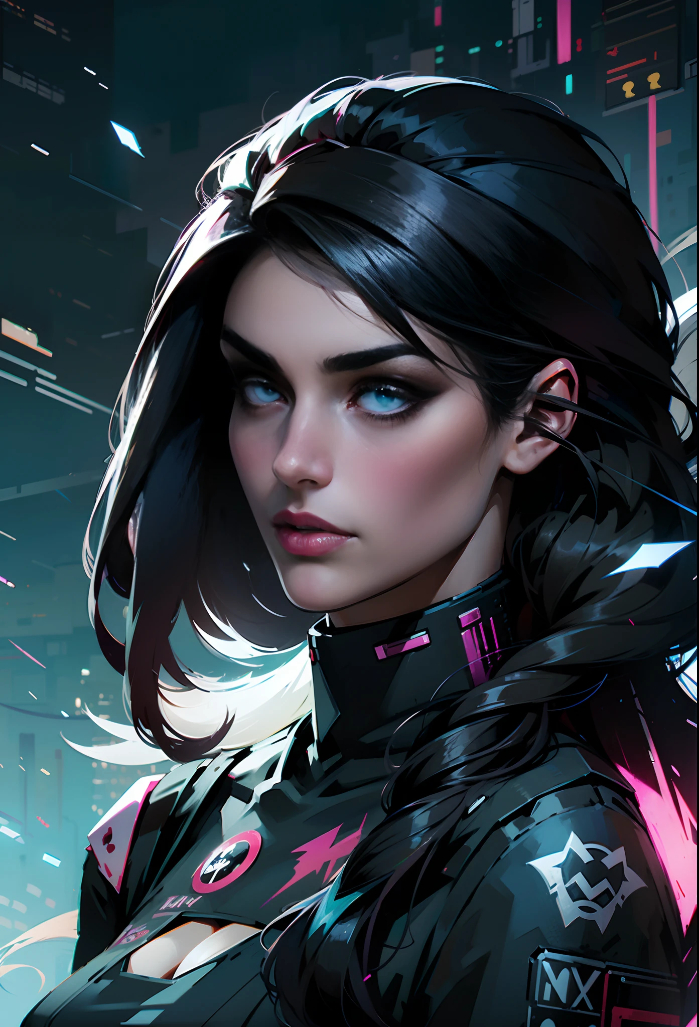 Nijistyle, RFKTR_Tecnotrex, mulher linda, Arte Oficial, Unity 8k imagem de frente , Ultra Detalhado, handsome and aesthetic, obra-prima, melhor qualidade, realista,Beautiful woman with long hair fluttering from the wind , cabelo preto, , Cyberpunk , Epic fabric , Uniforme Cyberpunk