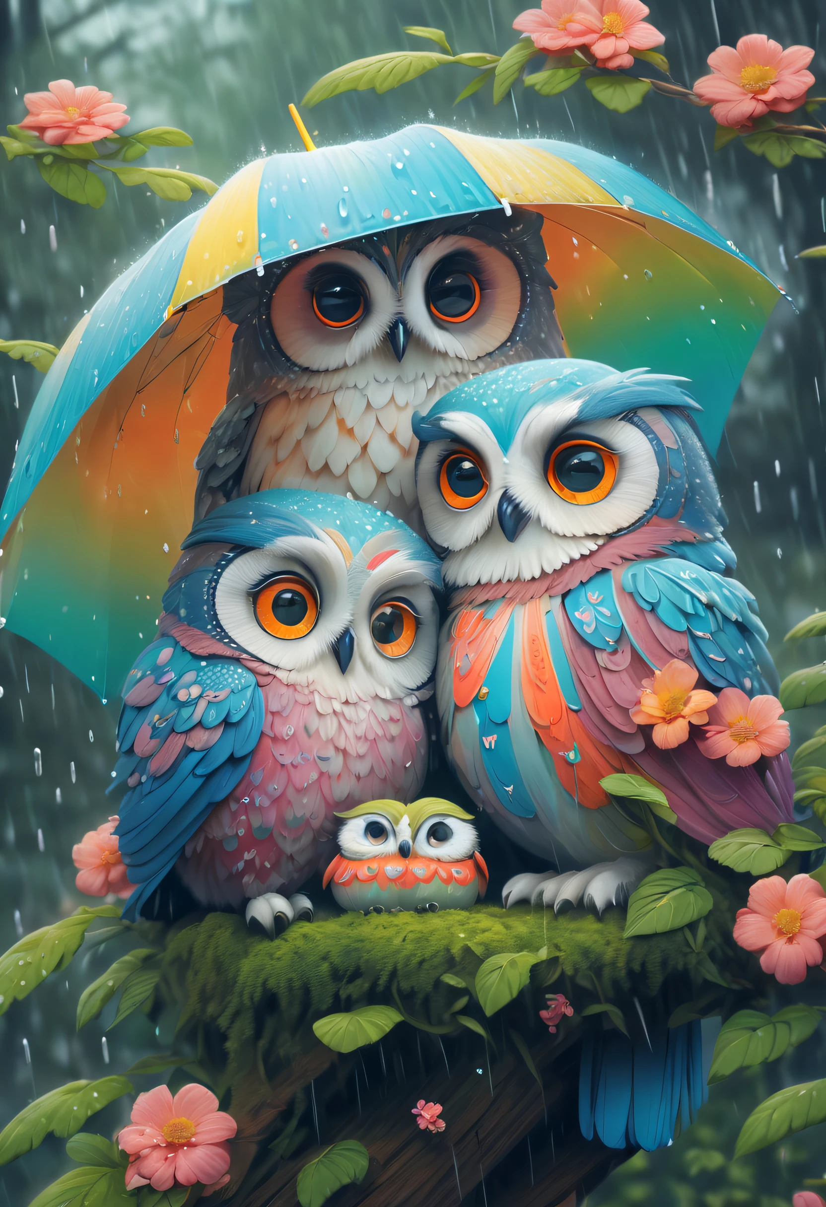 (Colorful painting with flowers flowers for an owl mother and 2 little babies),(There is only a large umbrella),(Mother owl holding a large umbrella:1.37),(2 small babies), (Snuggle up to your mom),Mom's caring expression,Baby's coquettish expression background:(A forest where it is raining heavily:1.3), (A forest where it is raining heavily:1.3),(A forest where it is raining heavily:1.3),Cute detailed digital art, lovely digital painting, adorable digital art, Beeple and Jeremiah Ketner, cute owl, cute detailed artwork,cute 3 d render, digital painting highly detailed, cute colorful adorable, highly detailed digital artwork, highly detailed and colored, digital art highly detailed, cute artwork