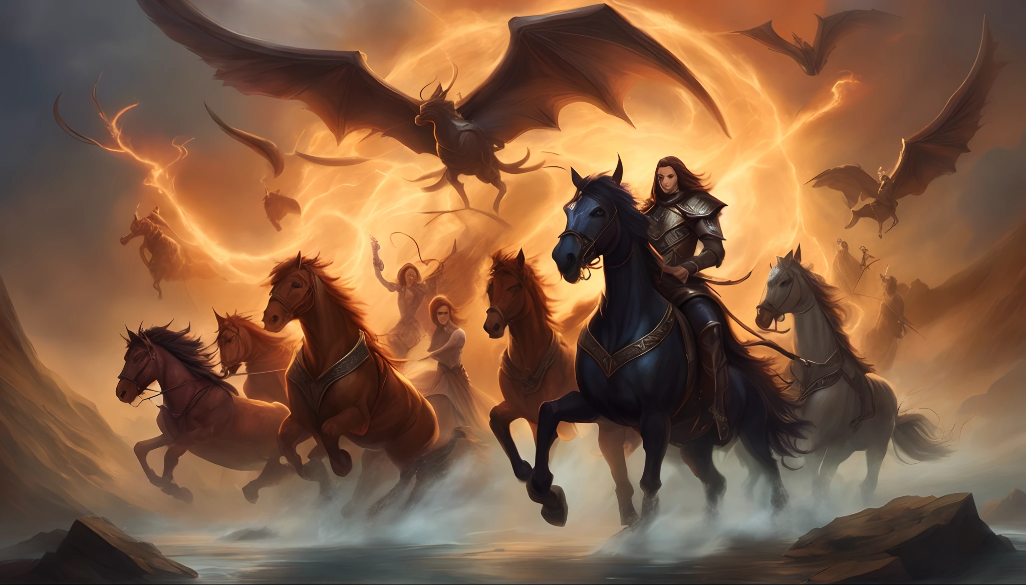 imagem de um homem montado em um cavalo com um monte de cavalos, Epic Fantasy Digital Art Style, epic fantasy art, epic fantasy illustration, Epic fantasy art style, Cavaleiros do Apocalipse, Symmetrical Epic Fantasy Art, Graphic artist Magali Villeneuve, epic fantasy art, epic fantasy art, epic fantasy painting, epic fantasy card game art --auto
