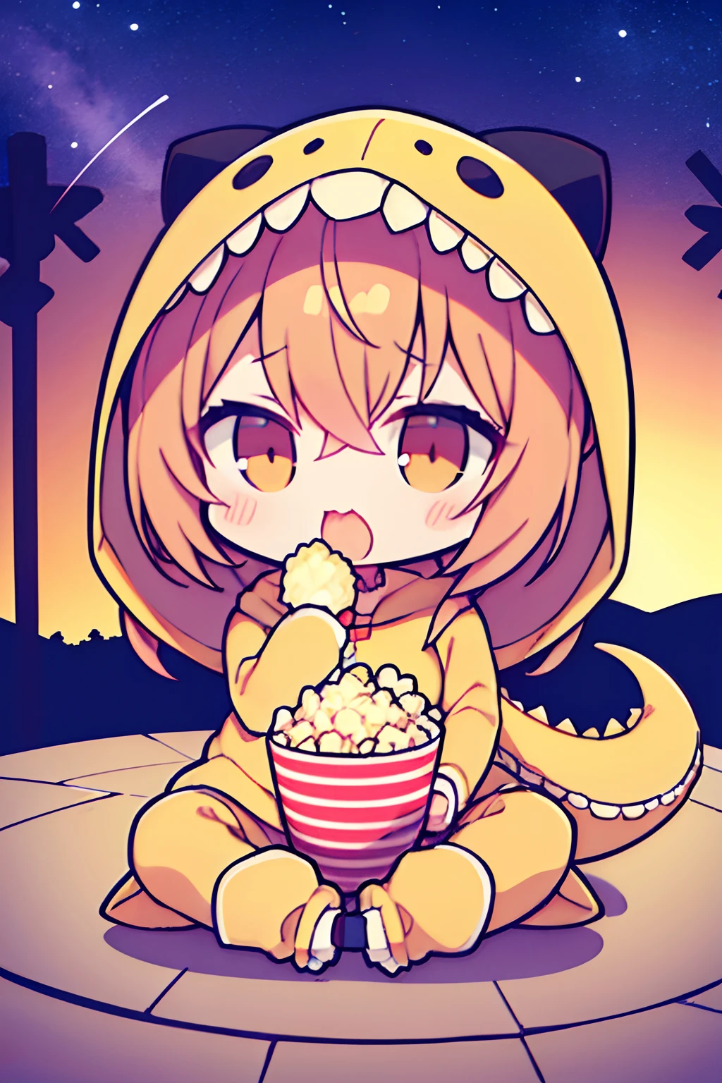 1Human 、mideum breasts、animesque、masterpiece、tchibi、Dinosaur costume all over the body、tail、Popcorn in the left hand、Open your mouth wide to the maximum、droolng、Landscape Images、Sitting on the ground