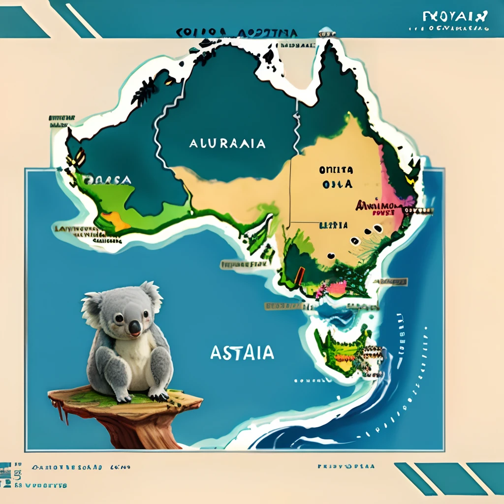 A map of Australia with a cute koala on top in pixar style
