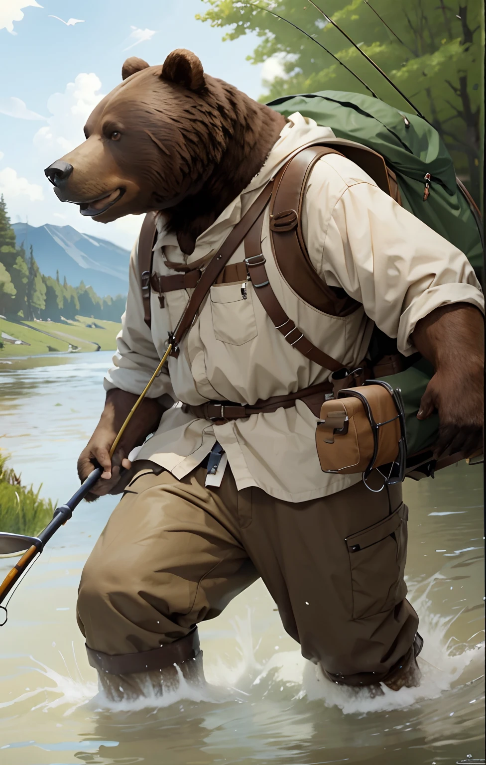 c4ttitude, Realism, Attentive Eyes ,Furr, applicant, Agile, attraction, Fishermen's clothing,stocklings, sits on a chair, Fish cage (Fishing pond,Fishing with a fishing rod),masutepiece, Best Quality, Ultra-detailed,8k wallpaper,Hyperresolution, Unreal 5,He looks very bored,Fat Brown Bear, Bear Hand