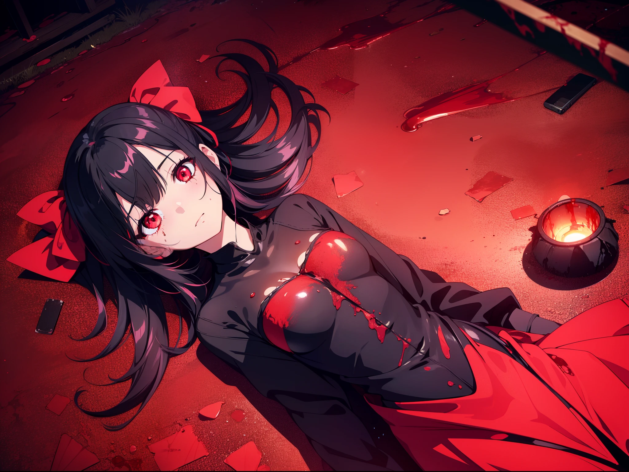 1 loli girl , ((dark red lighting)), lying on roadside ,((was killed)) , ((from above)), cinematic lighting , Dutch angle , (wide shot:1.1), ((blood sea)) , ((bloody body )), (rain), (rape face) ,black long straight hair, hair ribbon , red eyes,black dress, ((tattered clothes)), (glowing eyes), (((horror))) ,((masterpiece)), ((best quality)), ((ultra-detailed)), (illustration), ((an extremely delicate and beautiful))
