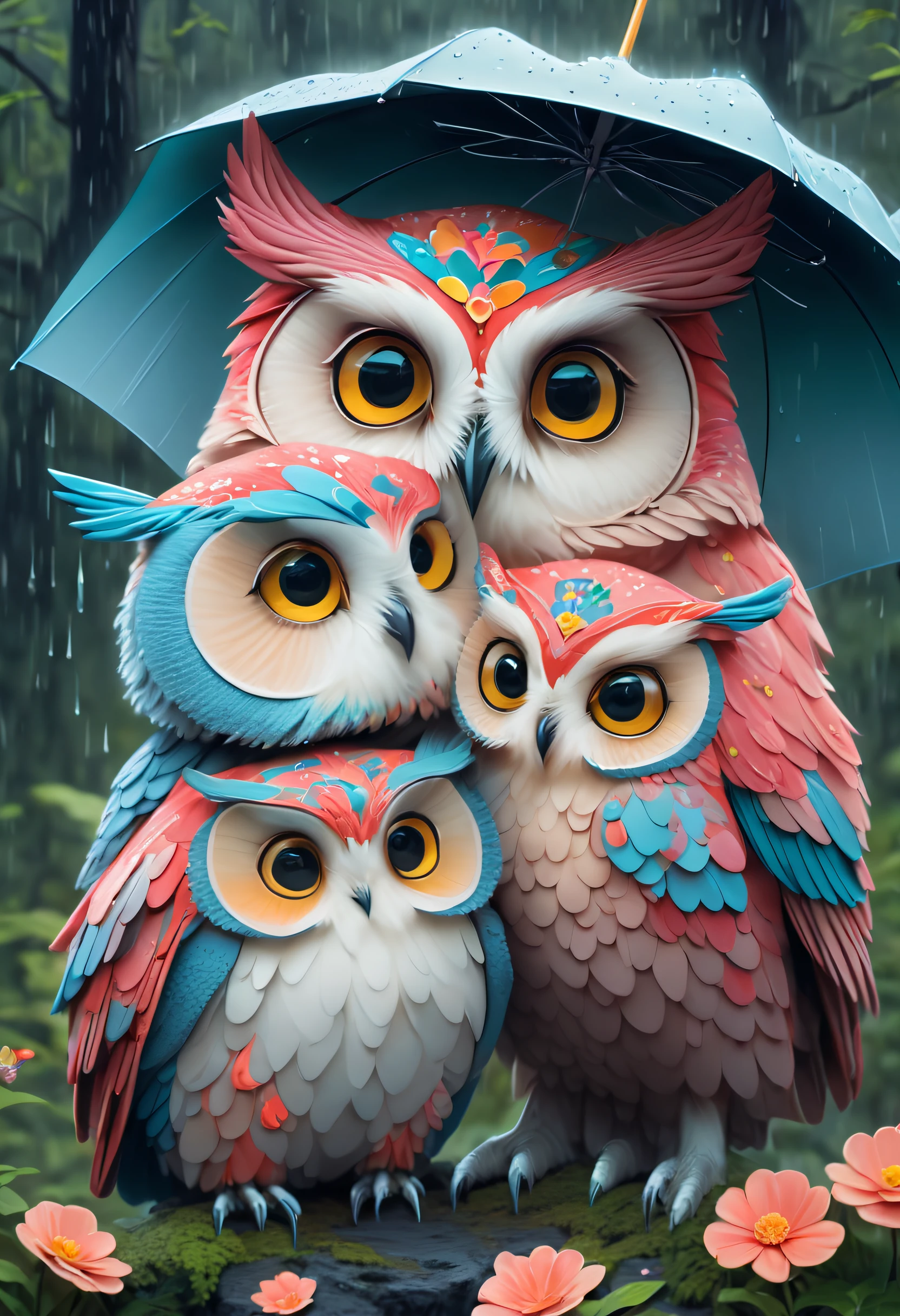 （Colorful painting with flowers flowers for an owl mother and 2 ），（There is only a large umbrella），（Mother owl holding a large umbrella：1.37），（2 small babies)p to your mom），Mom's caring expression，Baby's coquettish expression background：（A forest where it is raining heavily：1.3）， （A forest where it is raining heavily：1.3），（A forest where it is raining heavily：1.3），Cute detailed digital art, lovely digital painting, adorable digital art, Beeple and Jeremiah Ketner, cute owl, cute detailed artwork,cute 3 d render, digital painting highly detailed, cute colorful adorable, highly detailed digital artwork, highly detailed and colored, digital art highly detailed, cute artwork