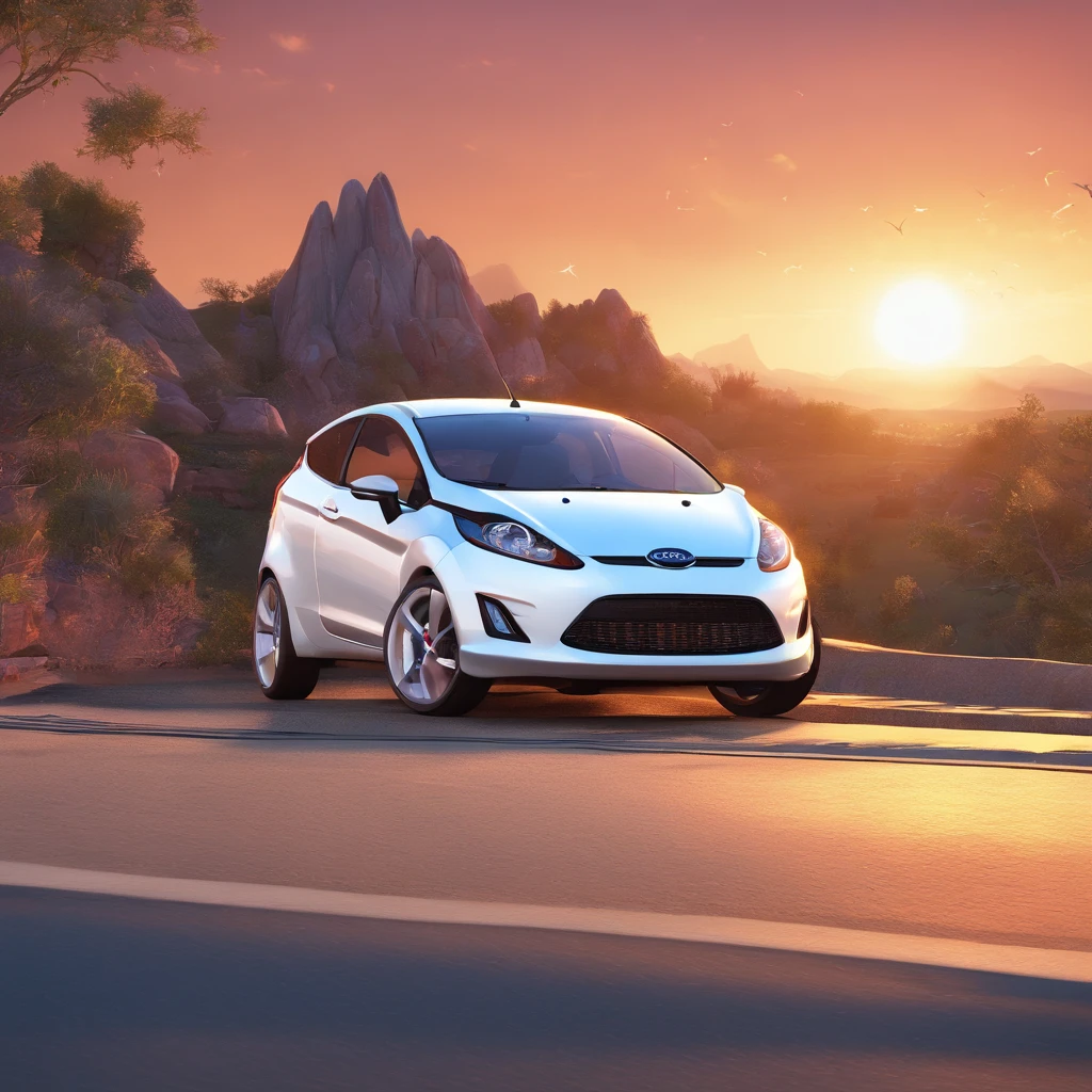 "Make a Disney Pixar-style picture, 3d of a new fiesta White 4 doors on the edge of a mountain with blue sky , sun going down"