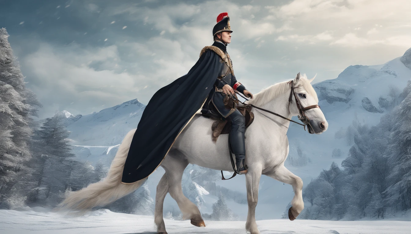 A young man in an ancient European military uniform rides a white horse in the snow, Black cape，high-quality face