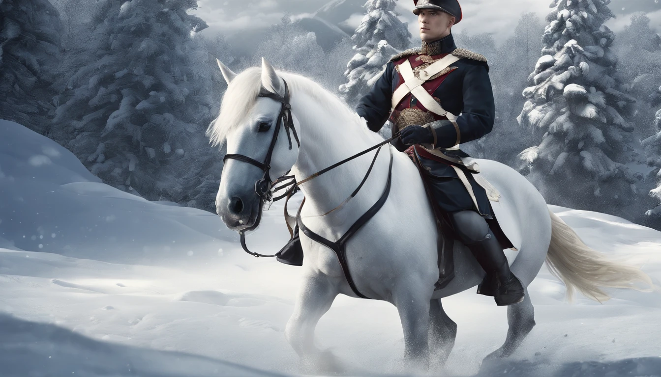 A young man in an ancient European military uniform rides a white horse in the snow, Black cape，high-quality face