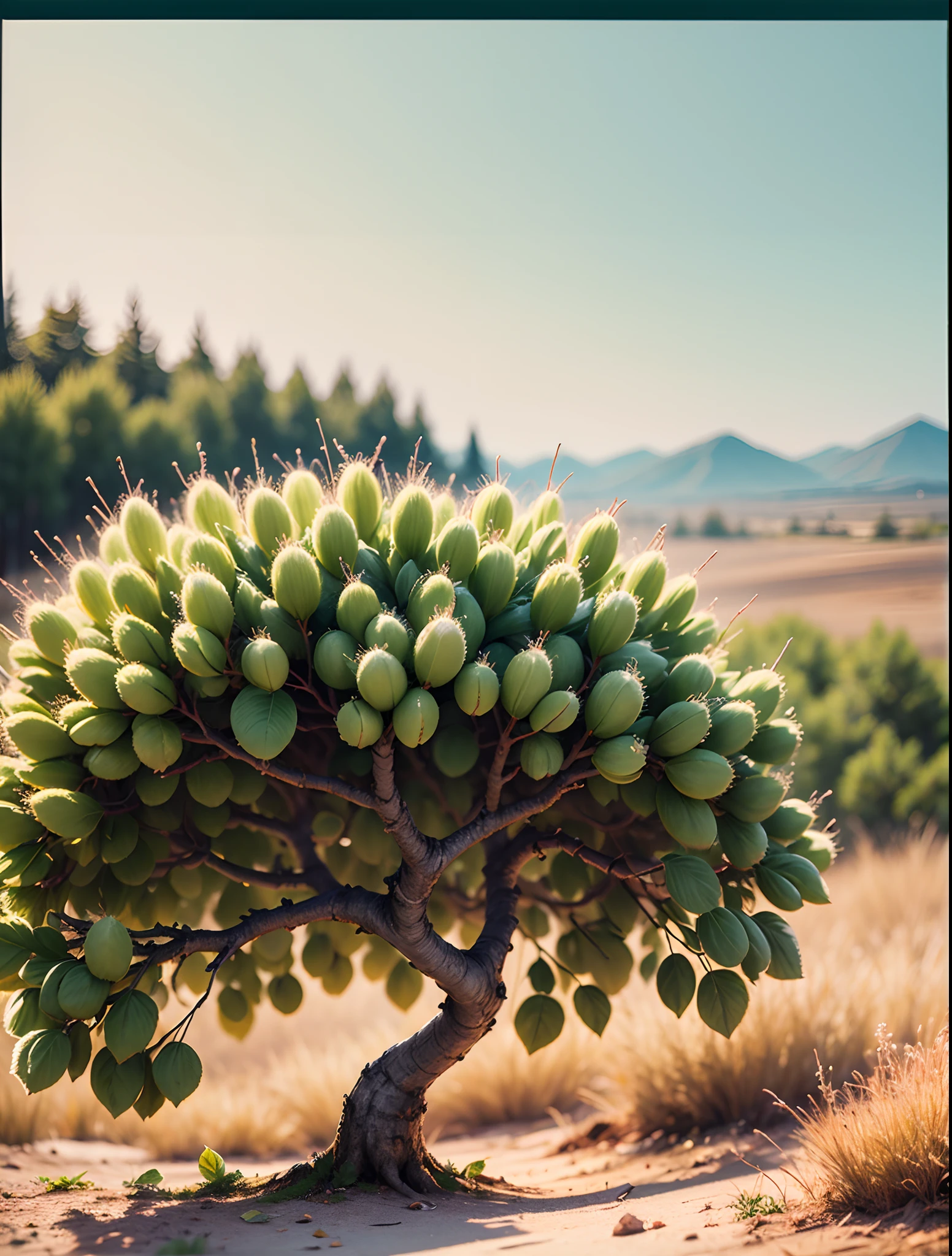 Photo of a tree with full pearls fruit no leaf, stand on the top of hill, high quality photography, depth of field, color photography, detailed graph, highly detailed --auto --s2